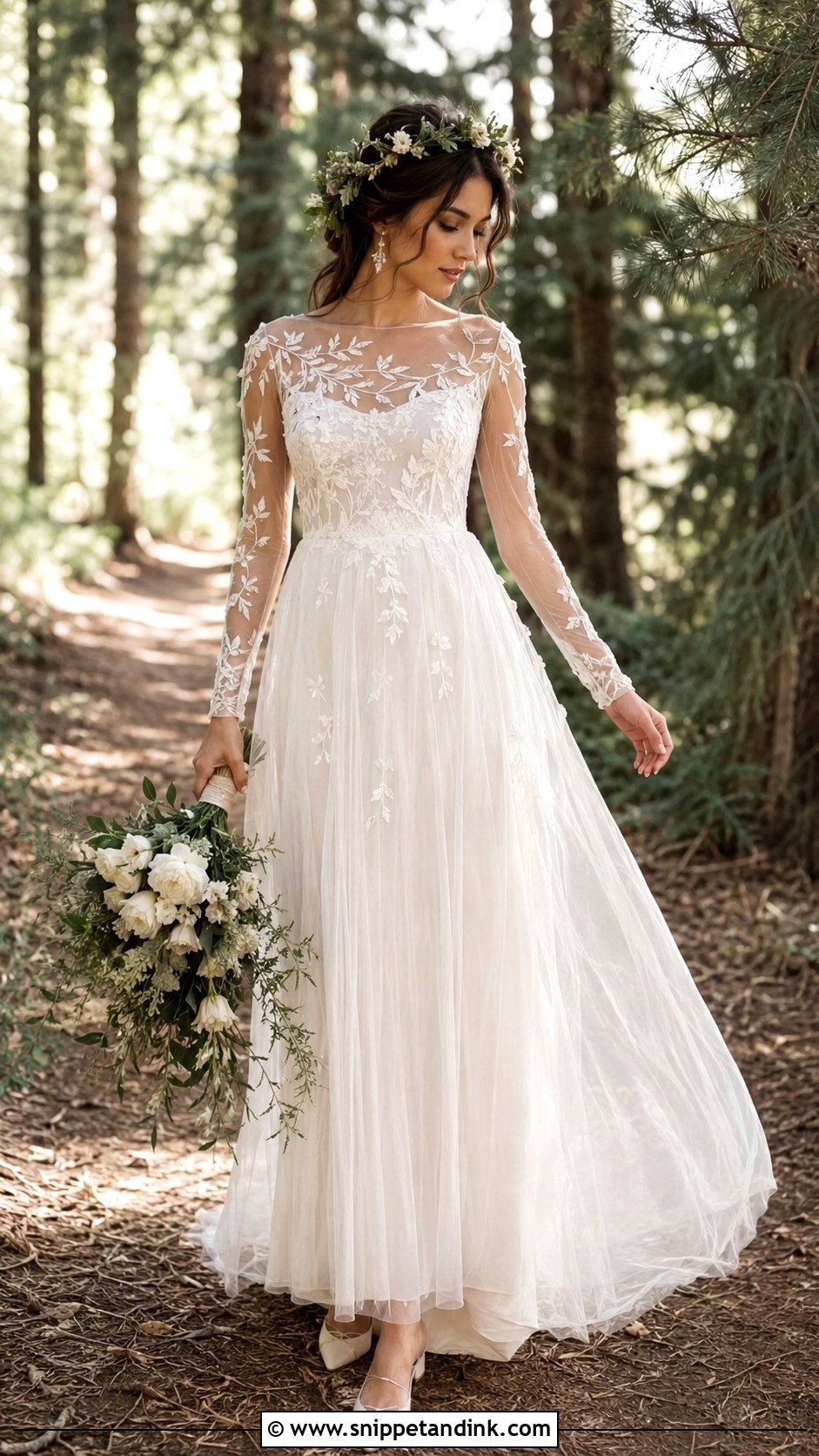 Woodland Fairy Sheer Sleeve Wedding Dress - Snippet and Ink - 30 Woodland Fairy Wedding Dress Ideas