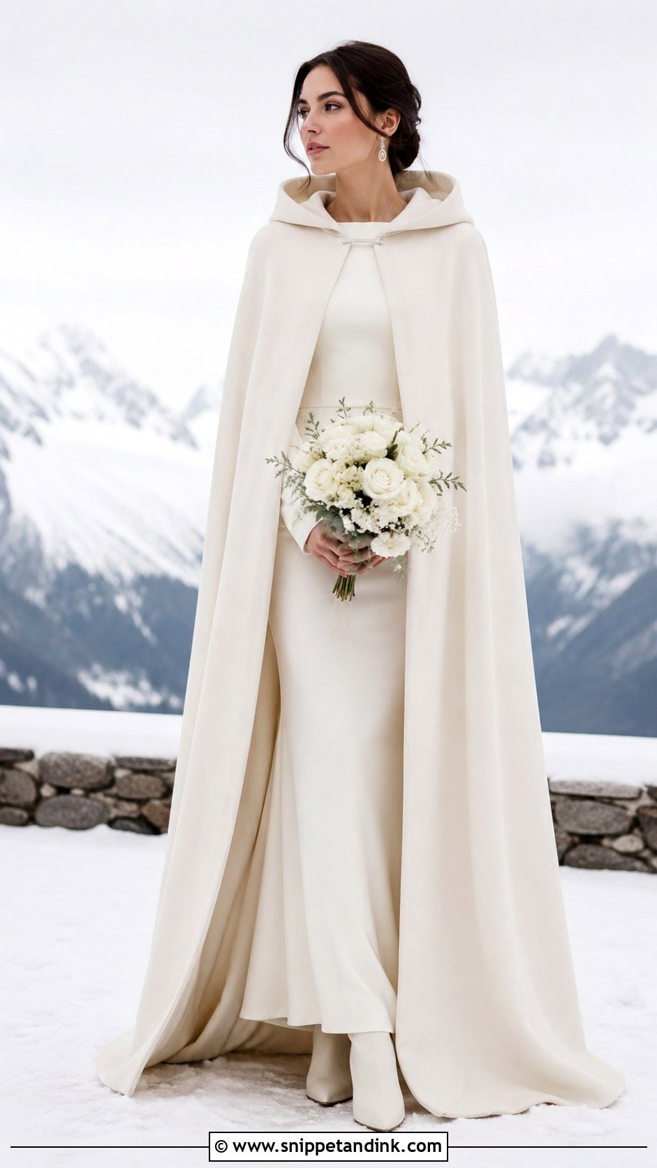 Wool Hooded Wedding Cape With Crepe Column Gown - Snippet and Ink - 20 Wedding Cape with Hood Ideas