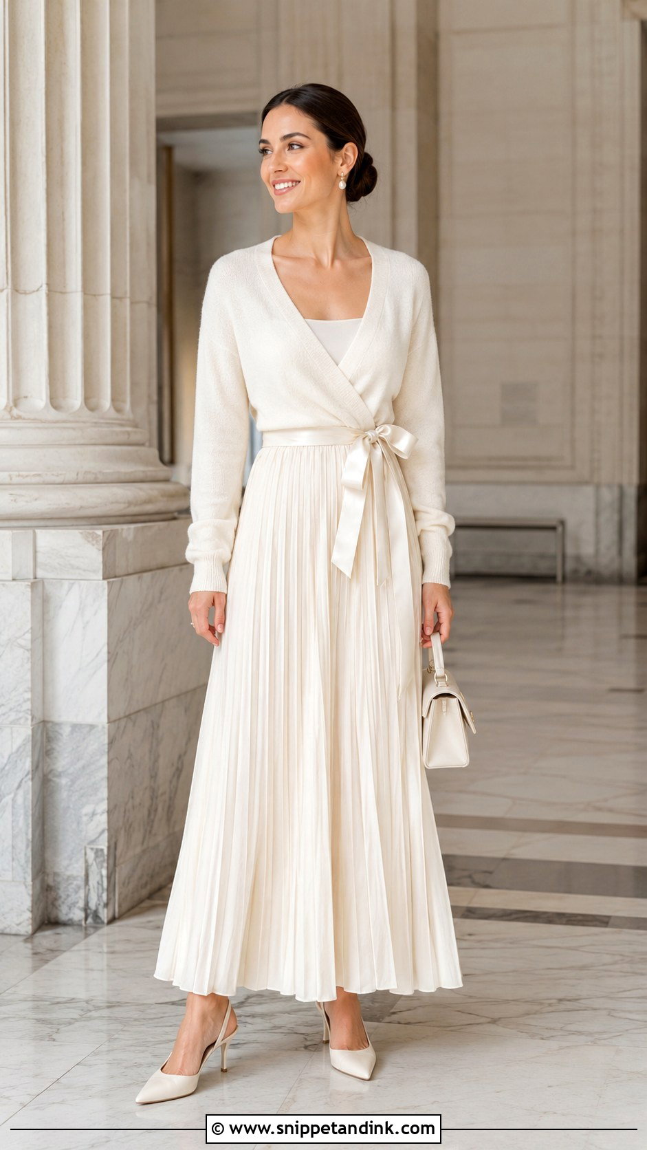 Wrap Bride Sweater With Pleated Maxi Skirt - Snippet and Ink - 20 Bride Sweater Ideas
