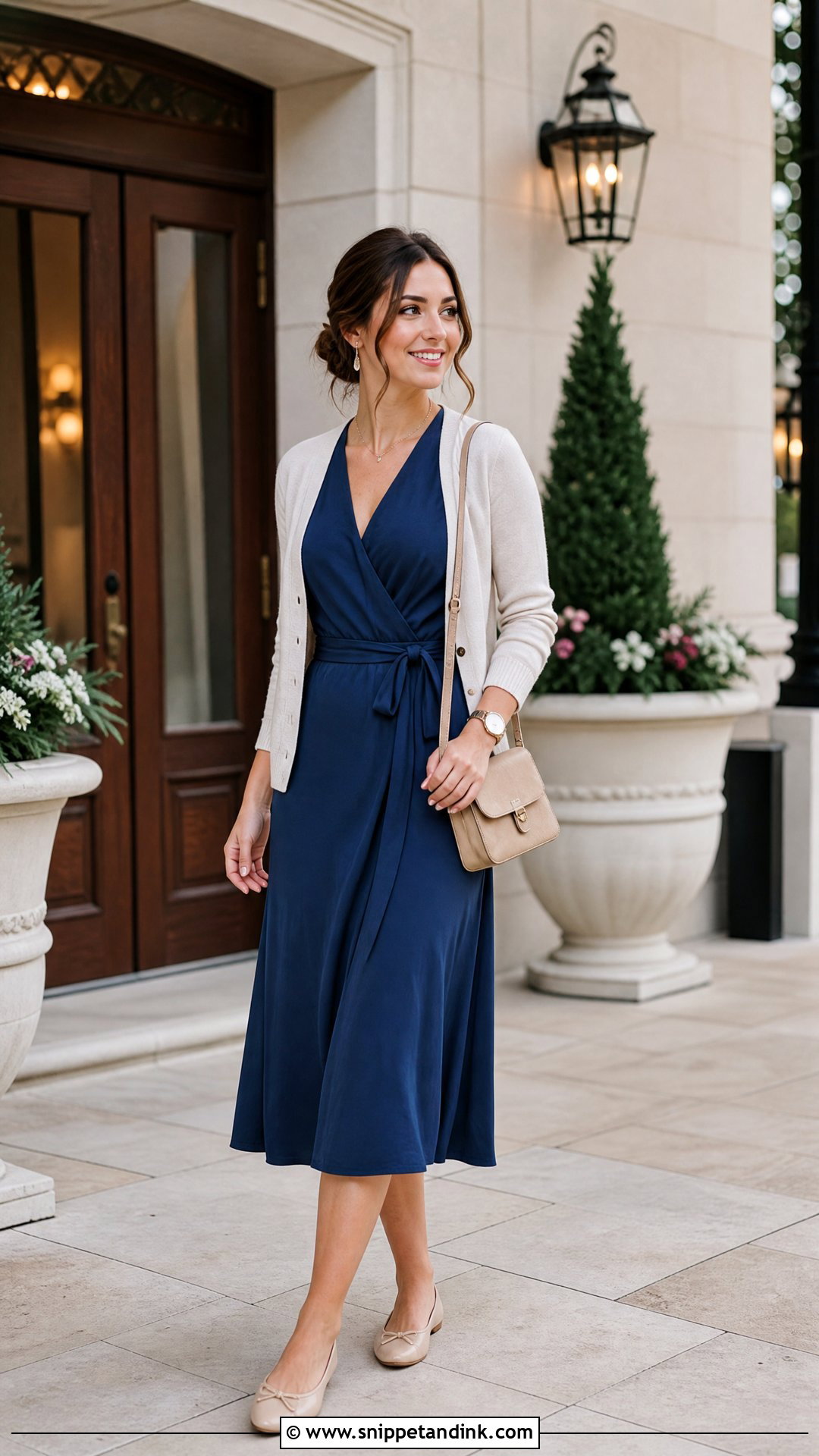 Wrap Dress And Ballet Flats Wedding Venue Tour Outfit - Snippet and Ink - 20 Wedding Venue Tour Outfit Ideas
