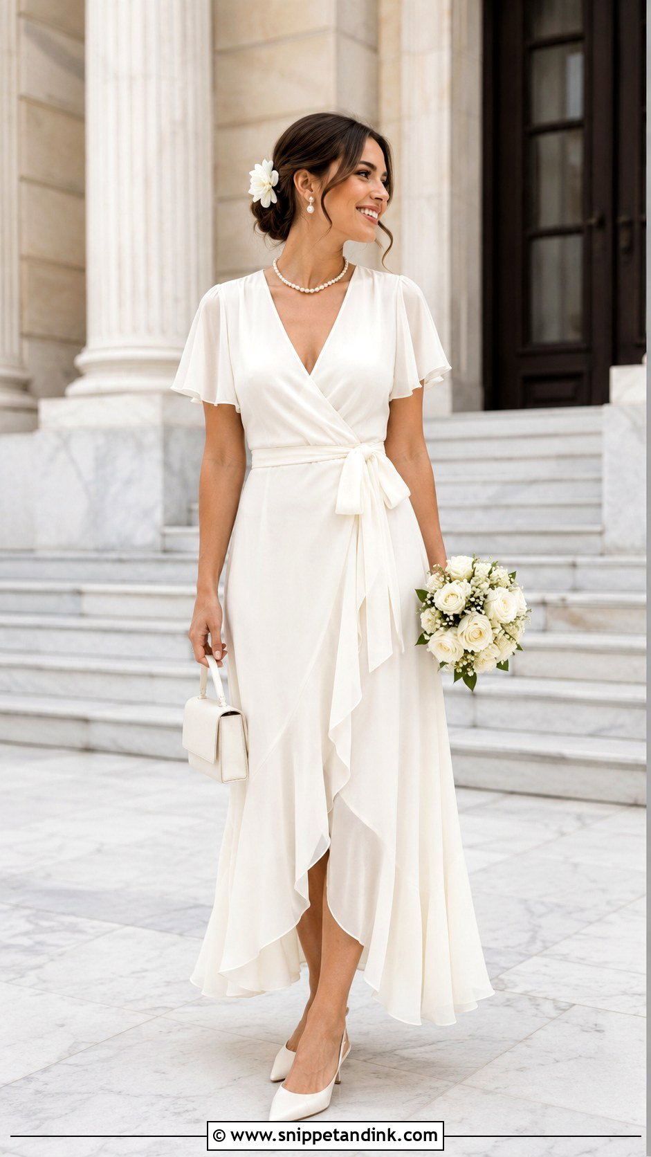 Wrap Midi Bridal Dress With Kitten Heels - Snippet and Ink - 20 Casual Bridal Dress Ideas