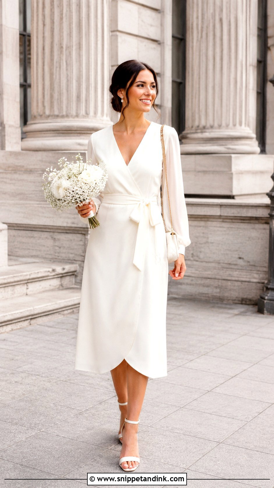 Wrap Midi Civil Wedding Dress With Pearl Earrings - Snippet and Ink - 25 Civil Wedding Dress Simple Midi Ideas