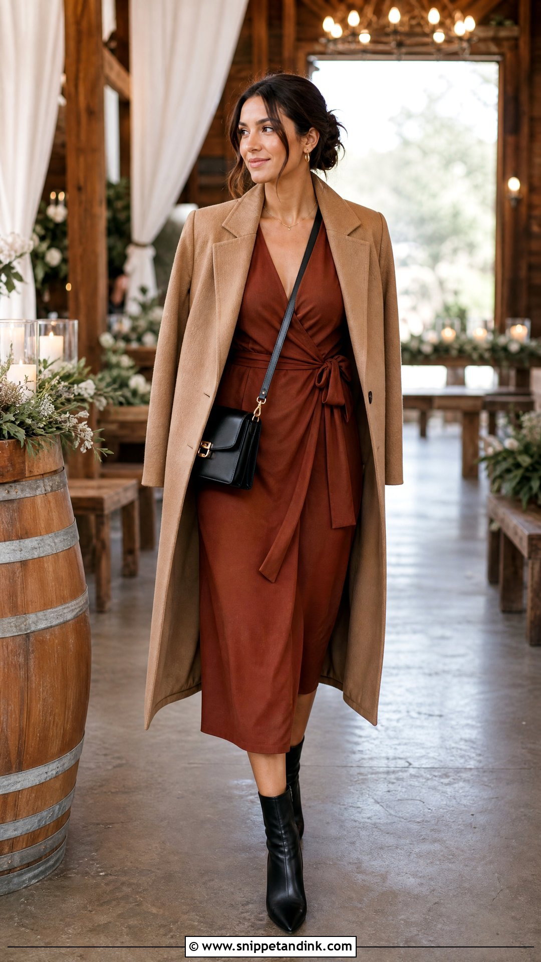 Wrap Midi Dress and Ankle Boots for a Barn Wedding - Snippet and Ink - 20 What to Wear to a Fall Wedding Ideas