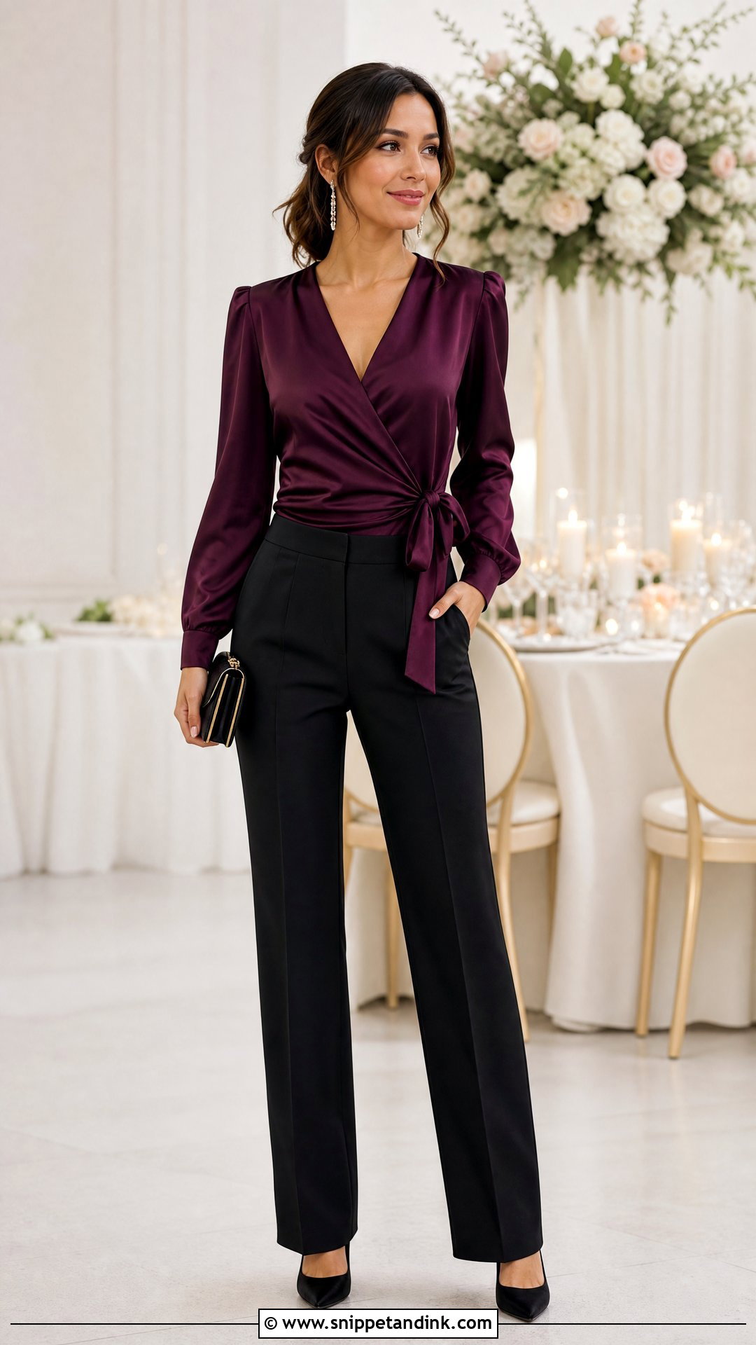 Wrap Top And Straight Leg Pants Wedding Outfit - Snippet and Ink - 25 Dressy Pants Outfits for Wedding