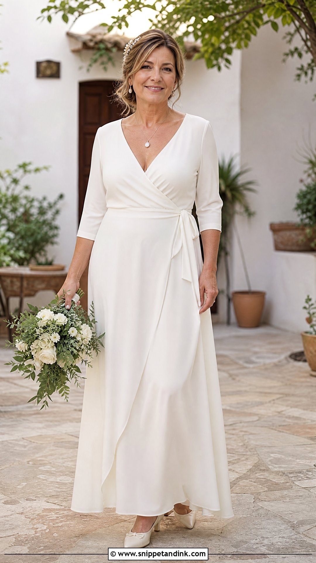 Wrap Wedding Dress With Three Quarter Sleeves - Snippet and Ink - 20 Wedding Dresses for 50 Year Olds Brides