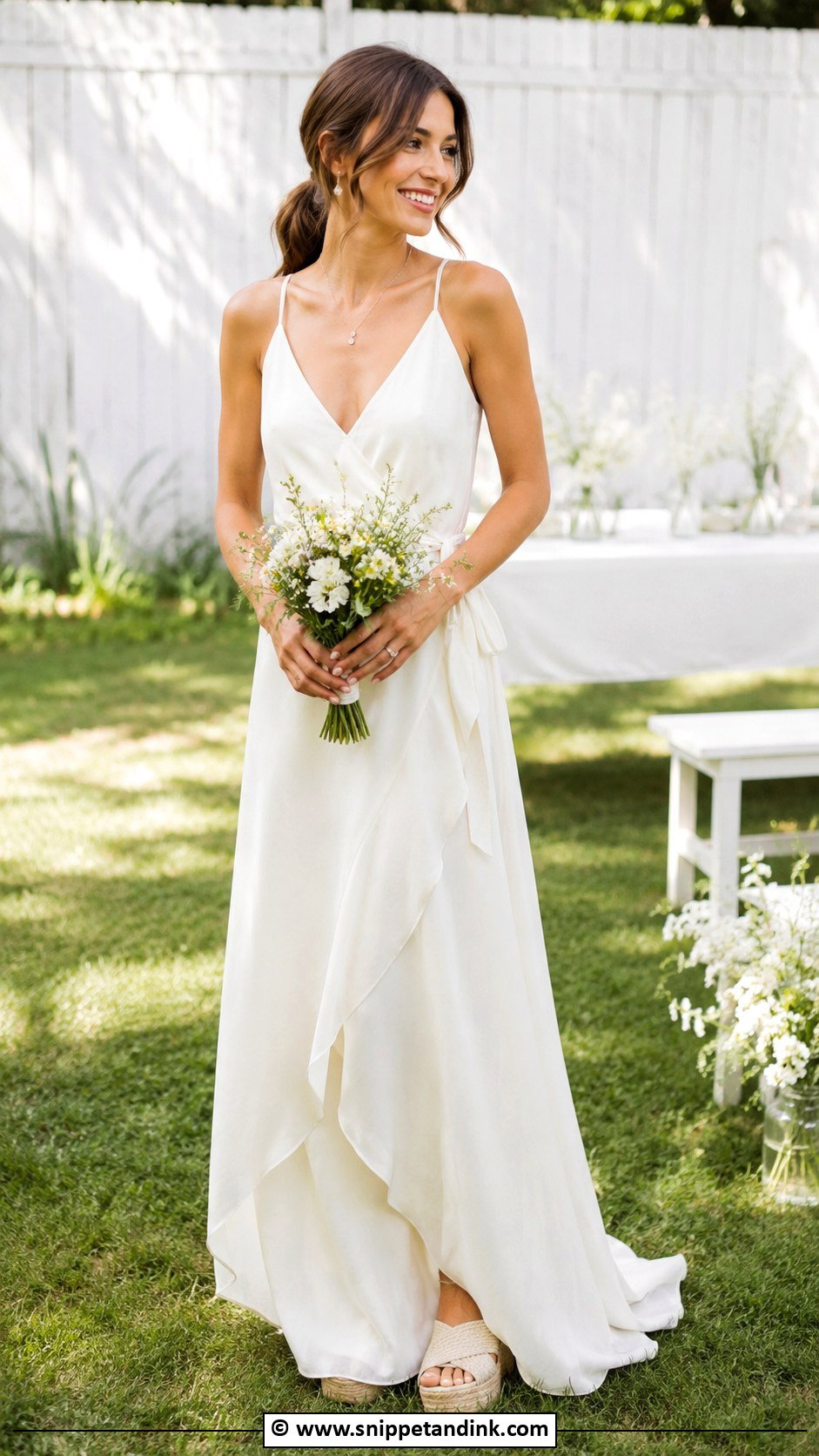 Wrap Wedding Dress With Wedge Espadrilles - Snippet and Ink - 30 Backyard Wedding Dress Ideas