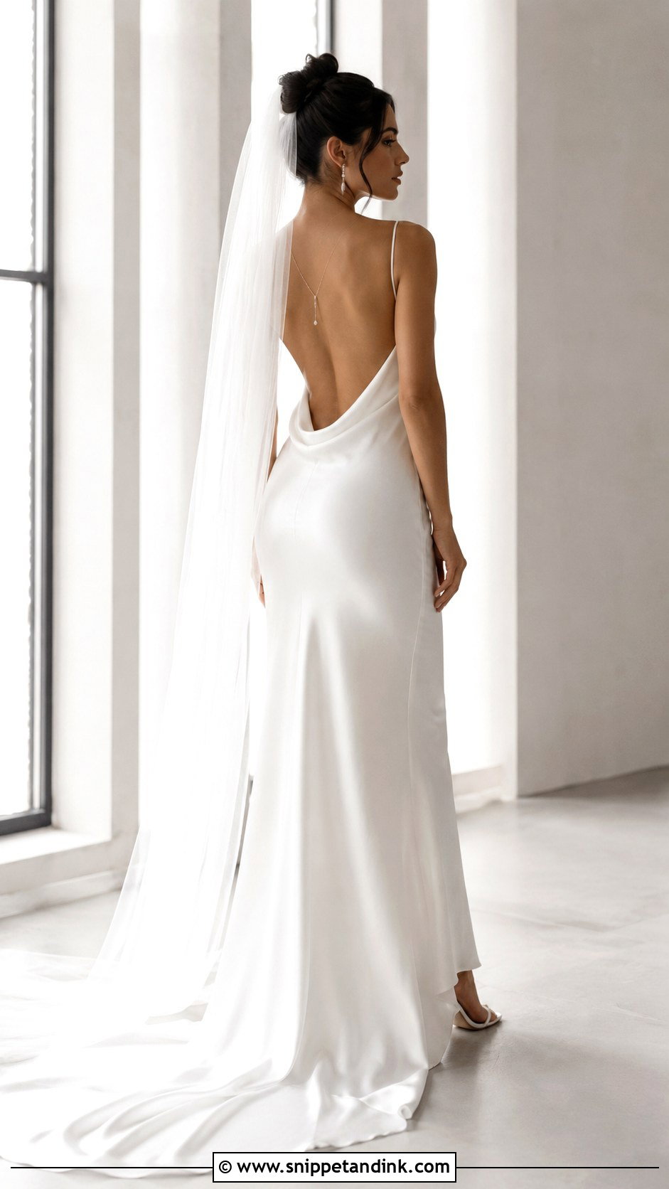 Y2K Low Back Wedding Dress With Drop Earrings - Snippet and Ink - 25 Y2K Wedding Dress Ideas