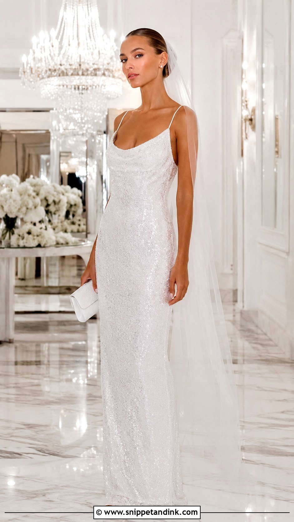 Y2K Sequin Wedding Dress With Minimal Sandals - Snippet and Ink - 25 Y2K Wedding Dress Ideas
