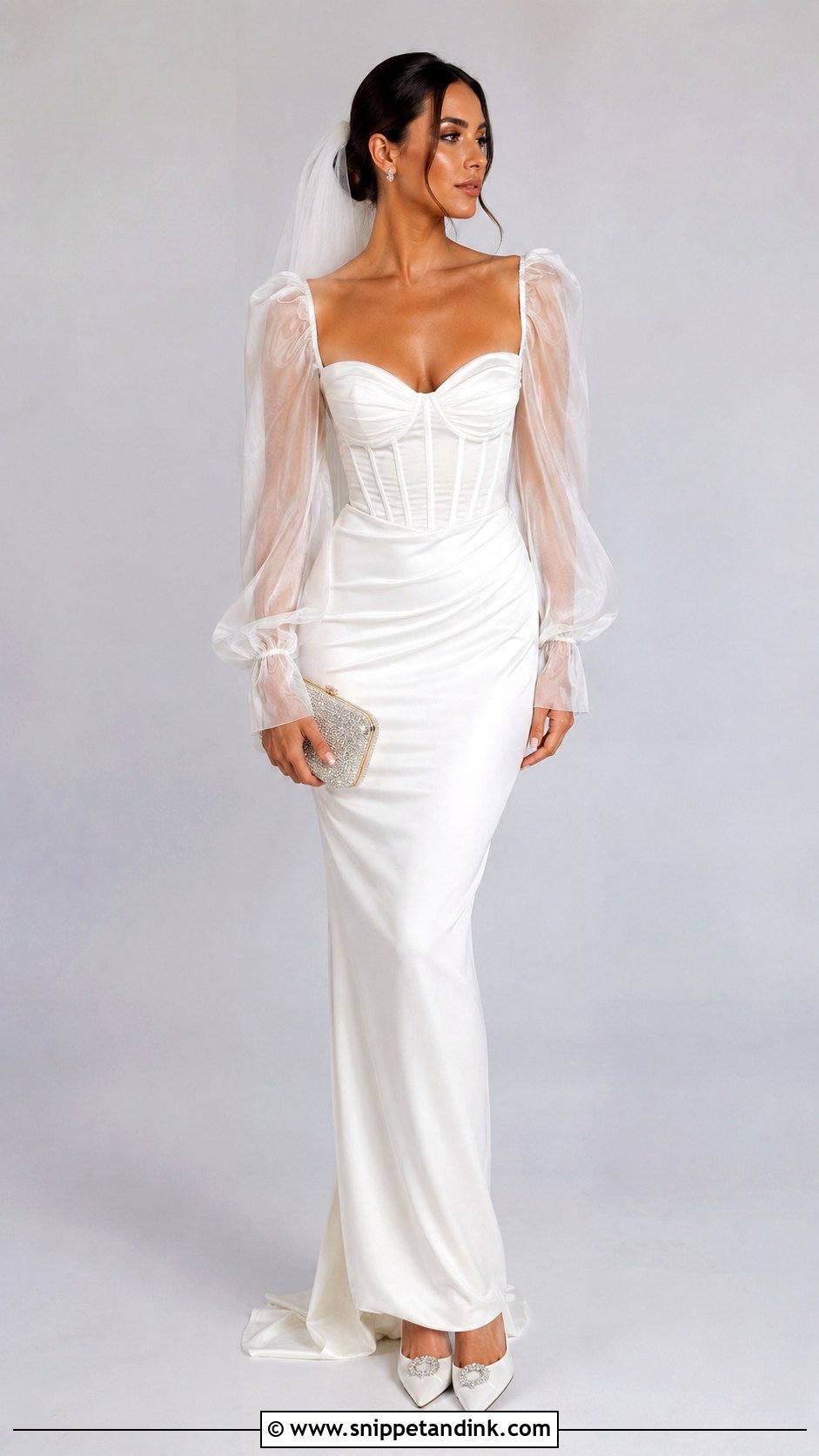 Y2K Sheer Sleeve Wedding Dress With Pointed Heels - Snippet and Ink - 25 Y2K Wedding Dress Ideas