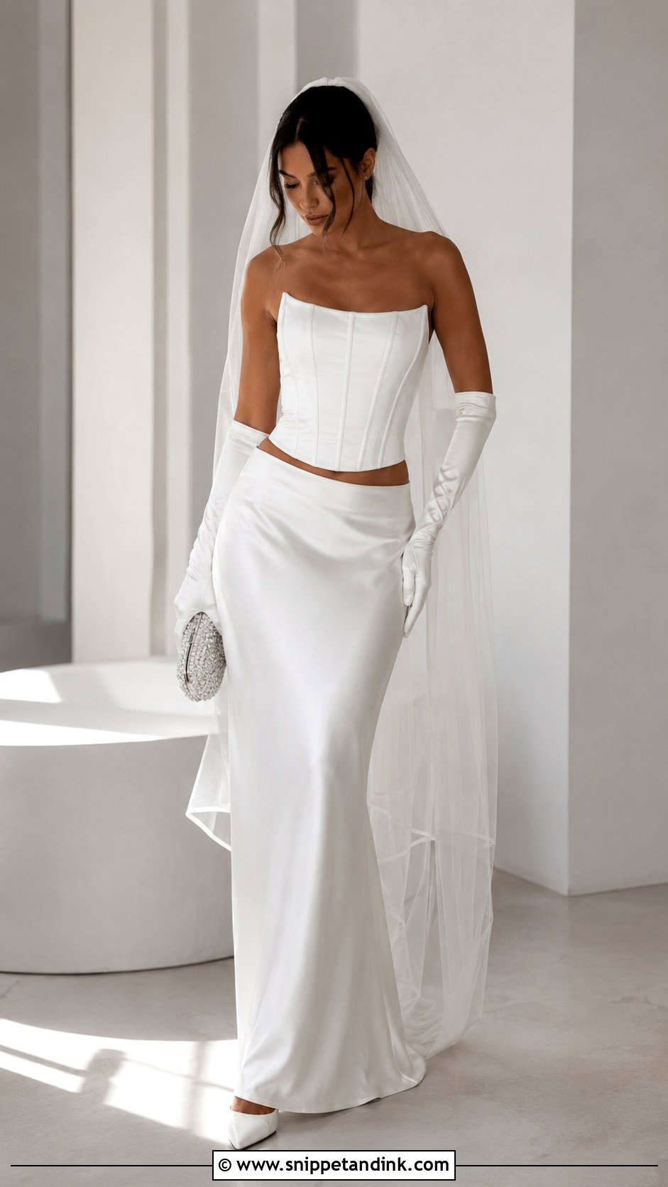 Y2K Two Piece Wedding Dress With Satin Gloves - Snippet and Ink - 25 Y2K Wedding Dress Ideas