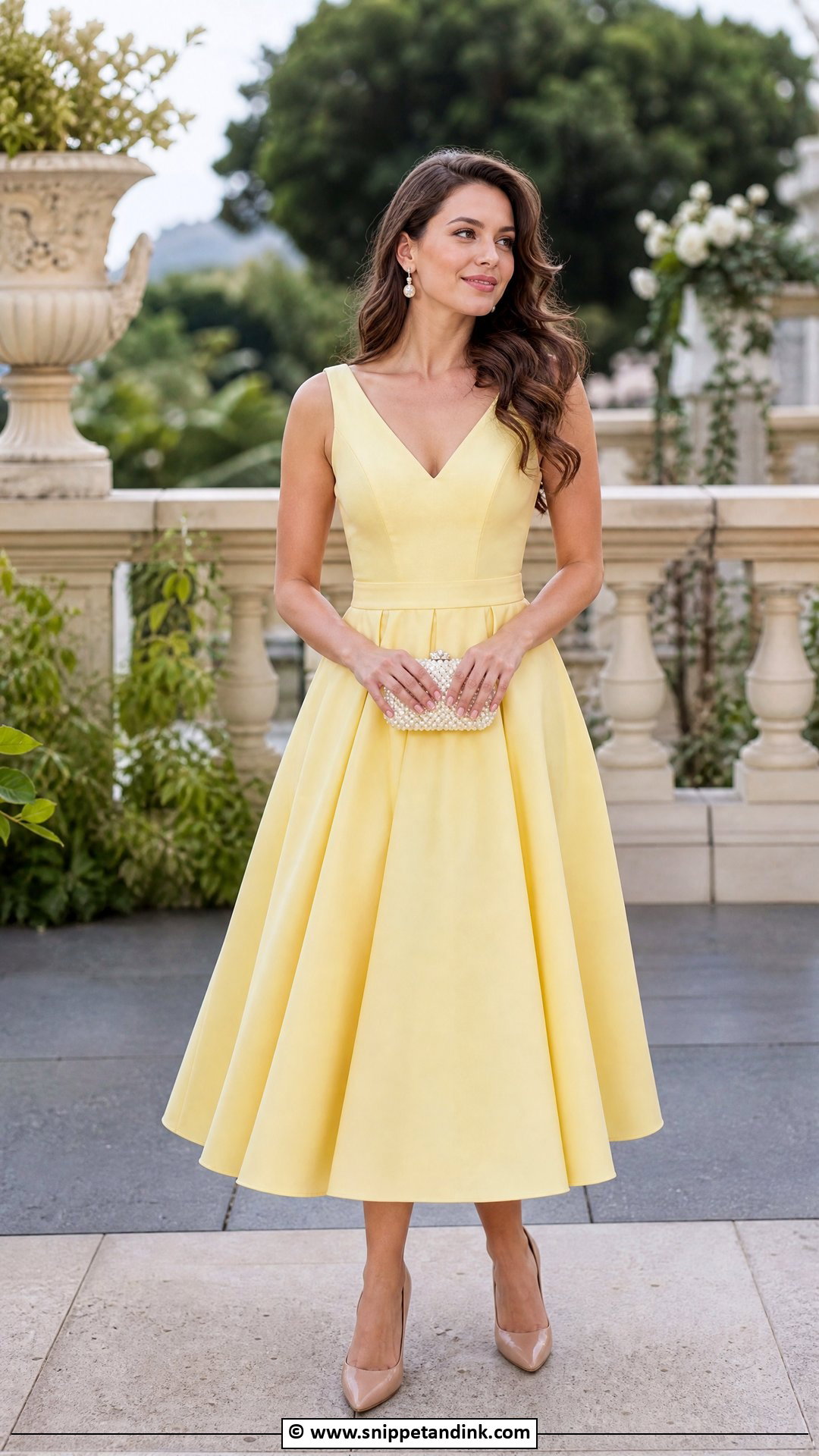 Yellow A Line Wedding Dress With Pearl Clutch - Snippet and Ink - 30 Yellow Wedding Dress Ideas