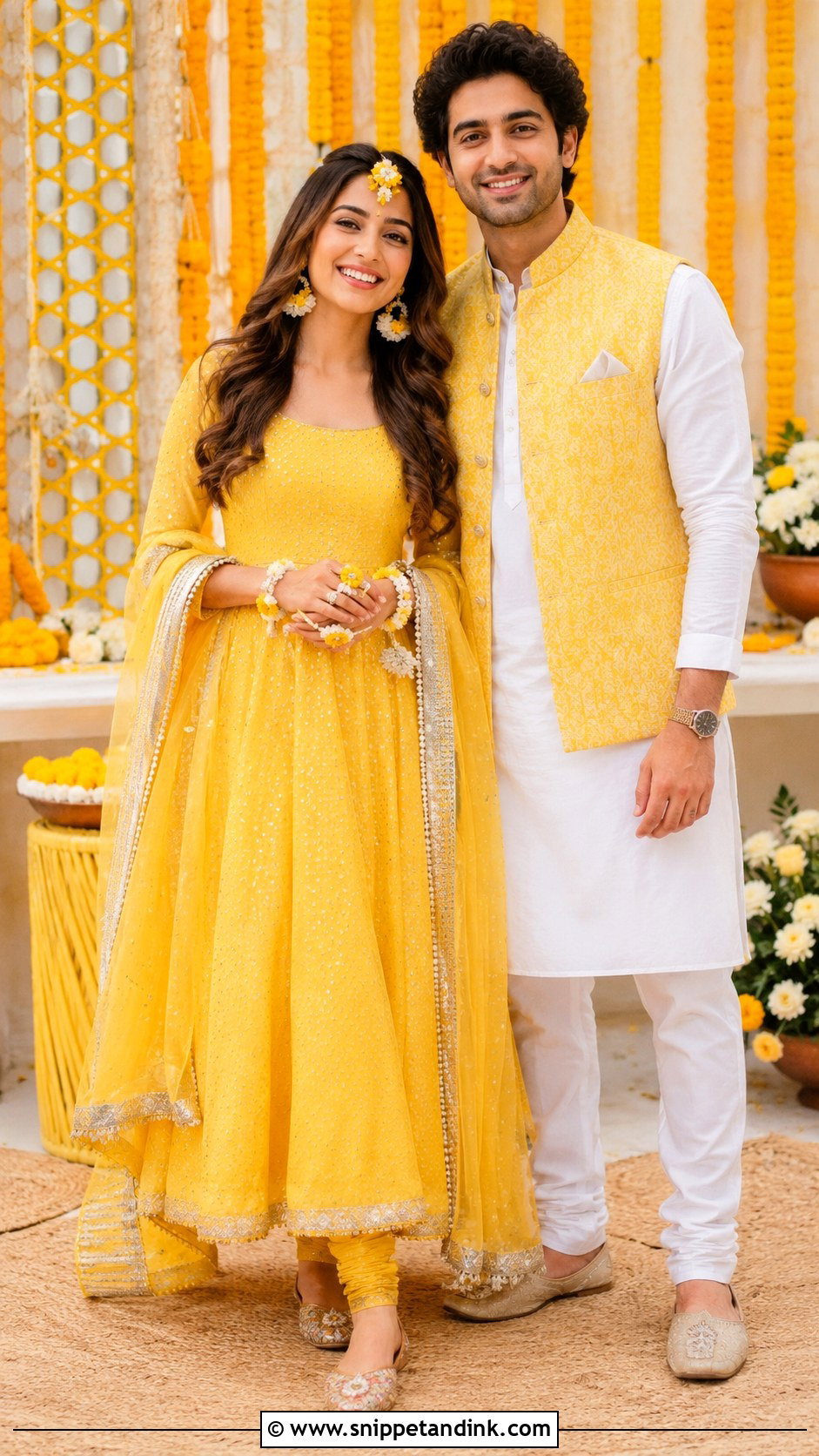 Yellow Anarkali And White Kurta Haldi Couple Outfit - Snippet and Ink - 25 Haldi Couple Outfits
