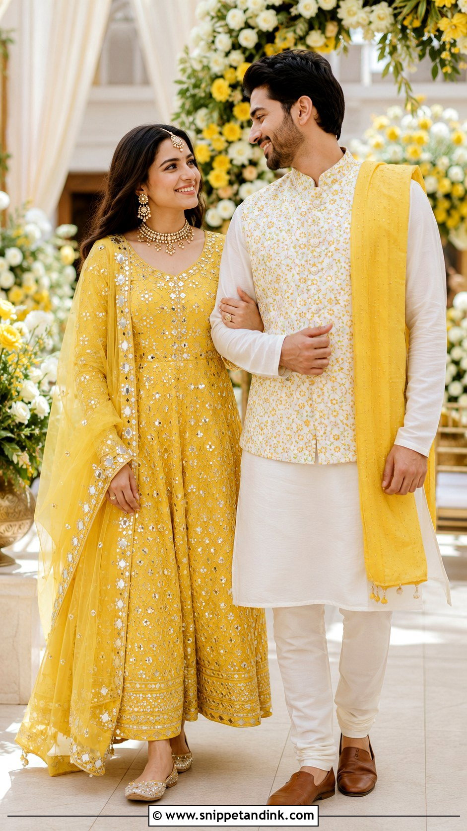 Yellow Anarkali And White Kurta Pajama Wedding Outfit - Snippet and Ink - 25 Couple Contrast Outfits for Wedding