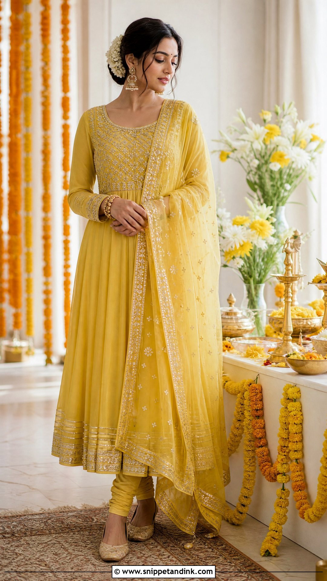 Yellow Anarkali Mata Poojan Look - Snippet and Ink - 20 Mata Poojan Look for Bride Ideas