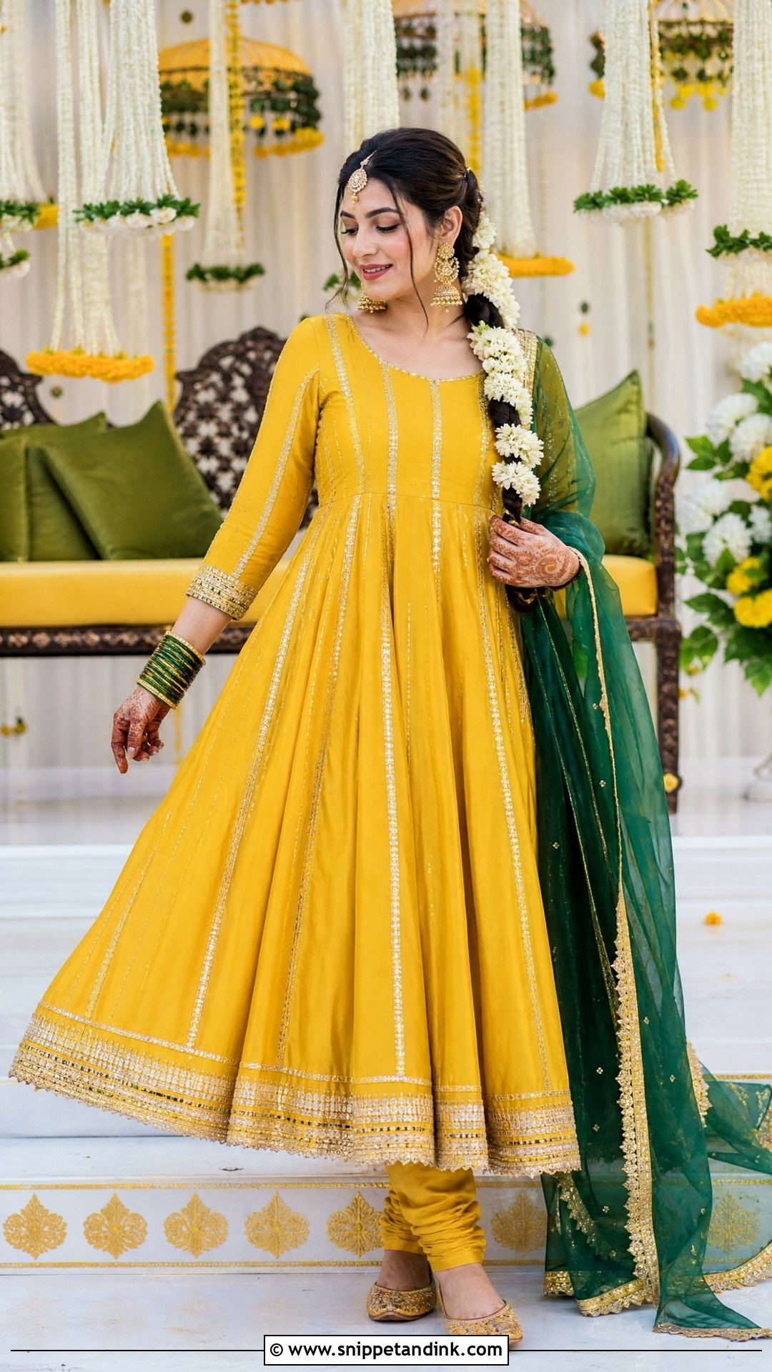 Yellow Anarkali With Green Dupatta - Snippet and Ink - 20 Pakistani Bridal Mehndi Dress Ideas