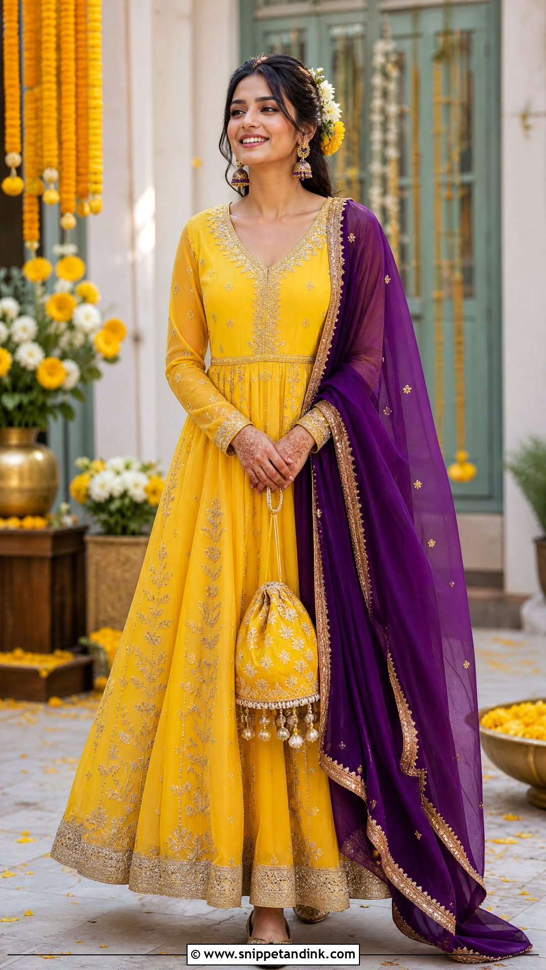 Yellow Anarkali With Purple Dupatta - Snippet and Ink - 20 Yellow Contrast Color Dress for Haldi Ideas