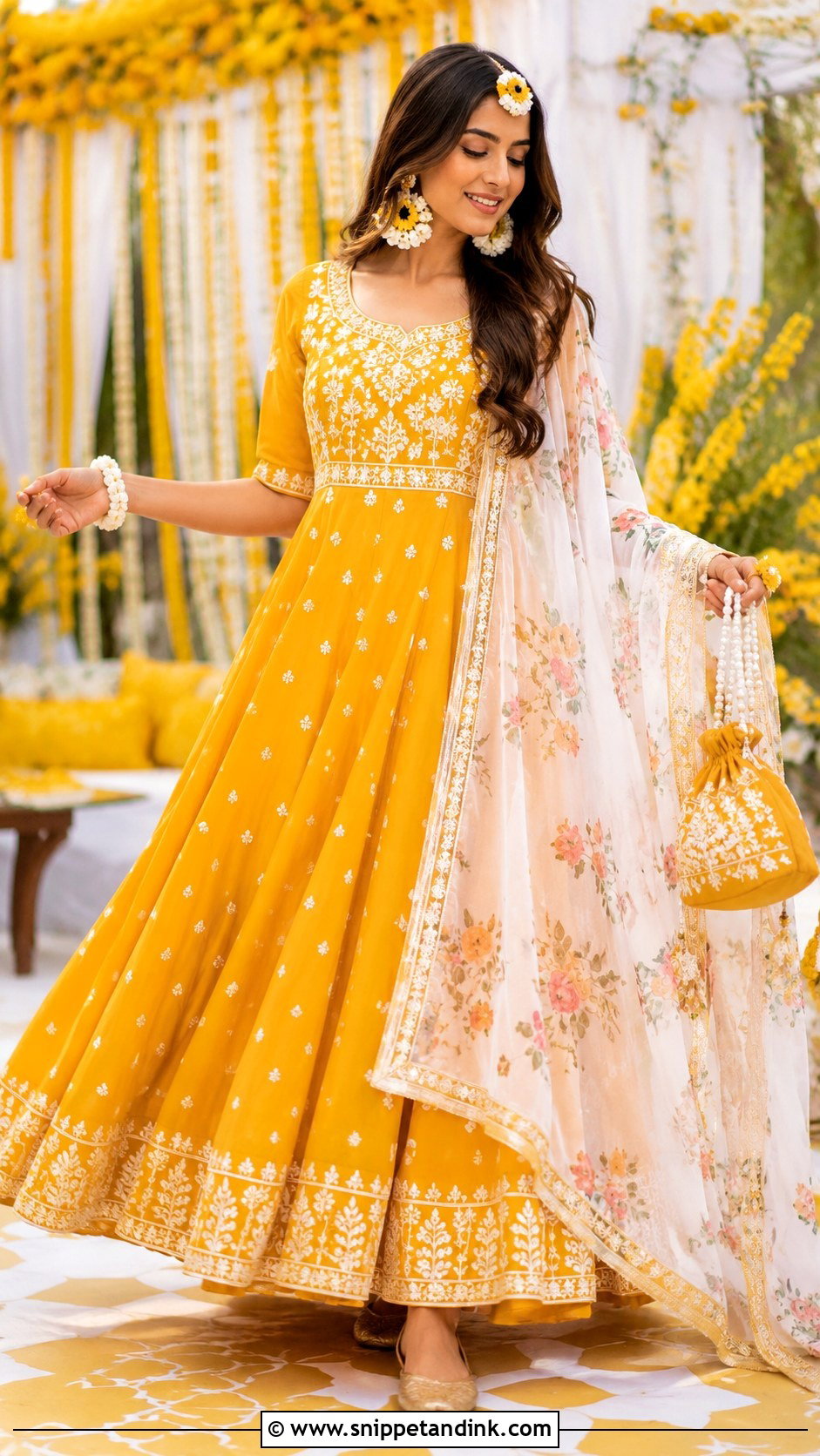 Yellow Anarkali With White Floral Dupatta - Snippet and Ink - 20 White and Yellow Haldi Outfit Ideas