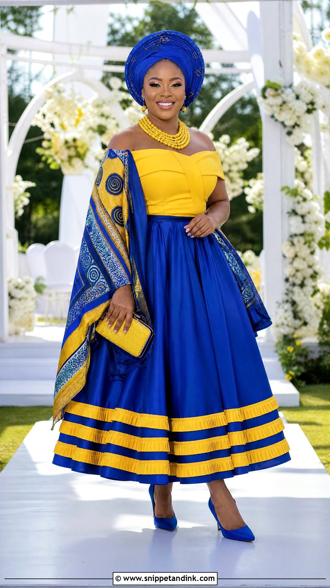 Yellow And Blue Off Shoulder Sepedi Dress - Snippet and Ink - 25 Sepedi Traditional Wedding Dresses