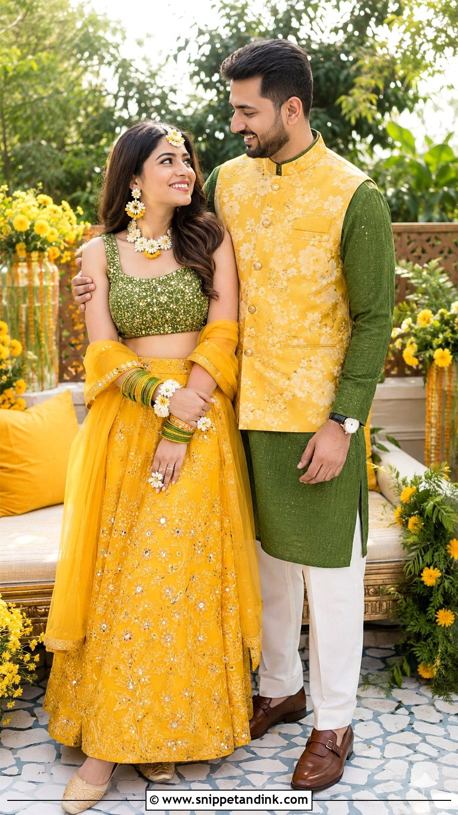 Yellow And Green Haldi Outfits For Couple - Snippet and Ink - 20 Haldi Outfits for Couple