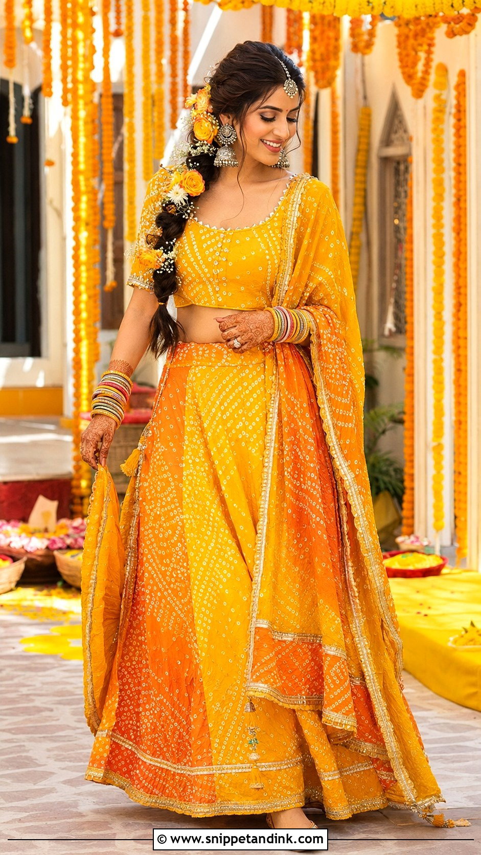 Yellow And Orange Bandhani Lehenga Haldi Outfit - Snippet and Ink - 20 Haldi Outfits Ideas