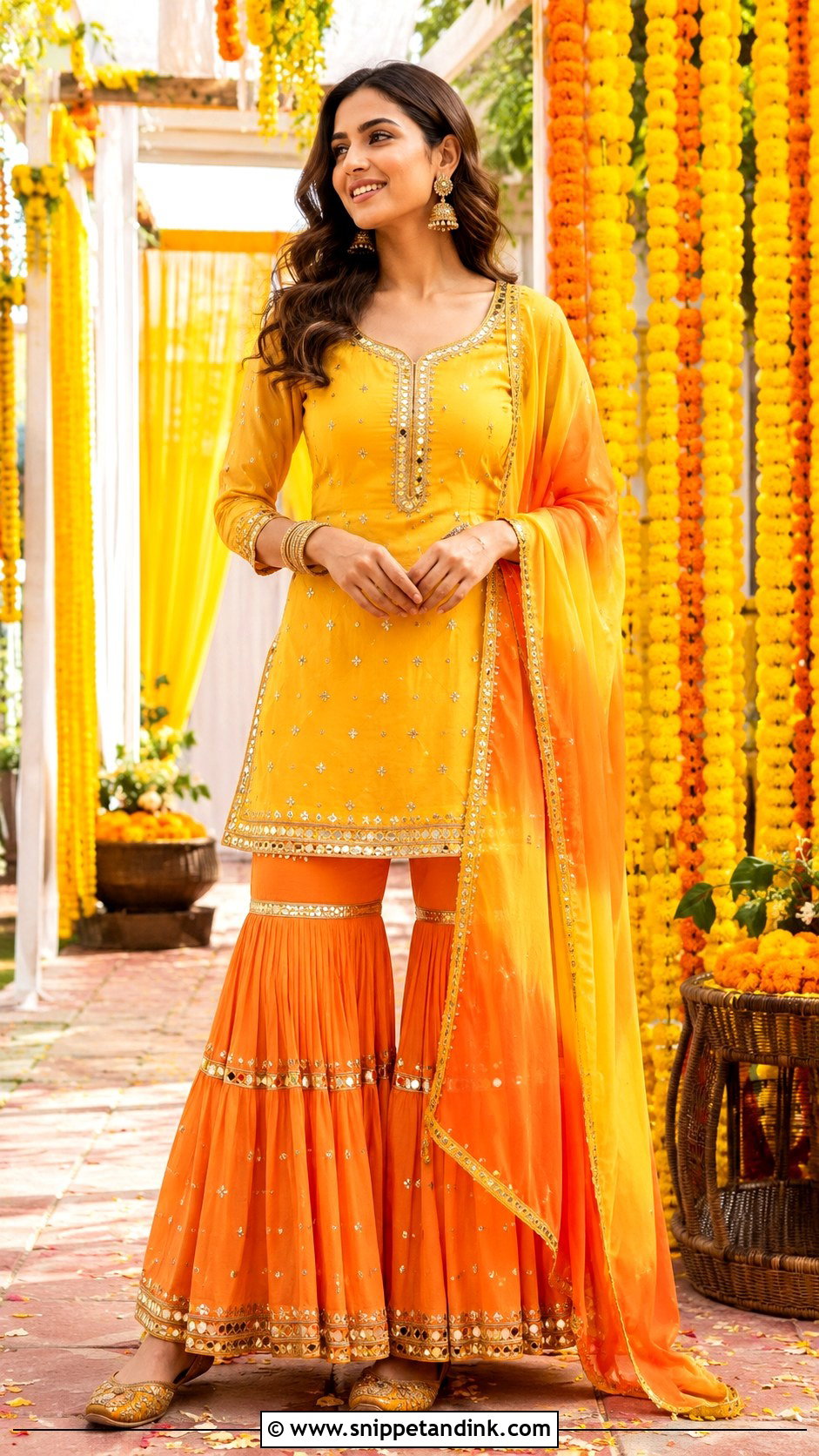 Yellow And Orange Gharara Haldi Outfit - Snippet and Ink - 20 Haldi Traditional Outfit Ideas