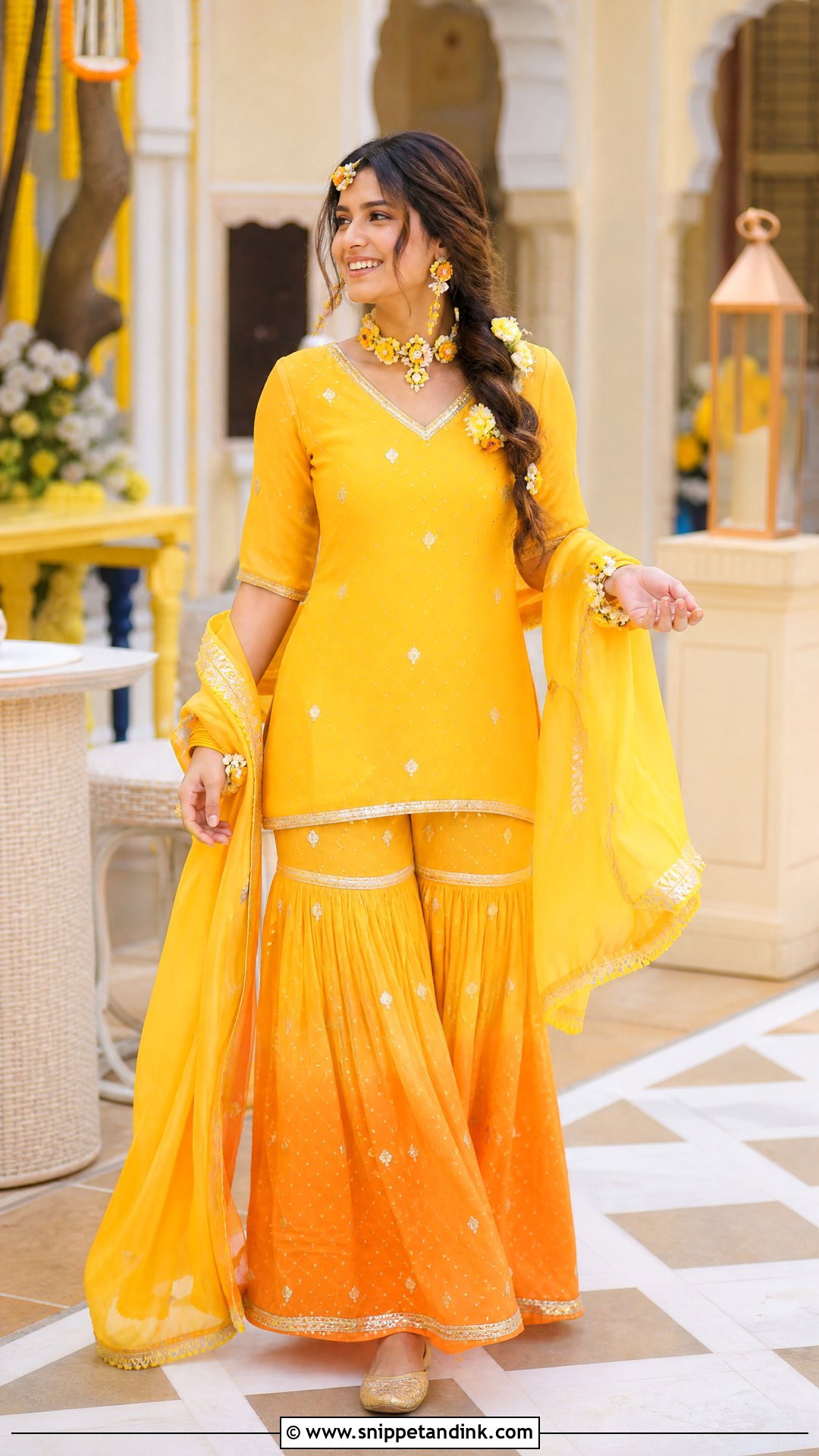 Yellow And Orange Pithi Ombre Sharara - Snippet and Ink - 20 Yellow Pithi Outfit Ideas