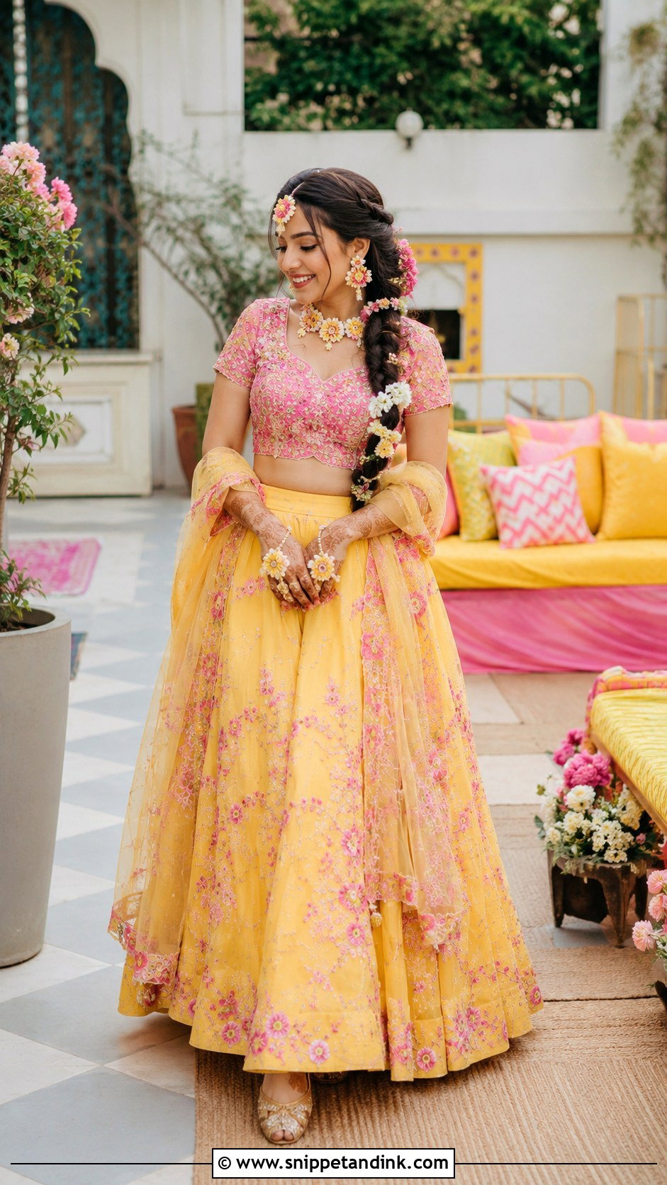 Yellow And Pink Bride Mehandi Lehenga - Snippet and Ink - 20 Bride Mehandi Outfit Ideas