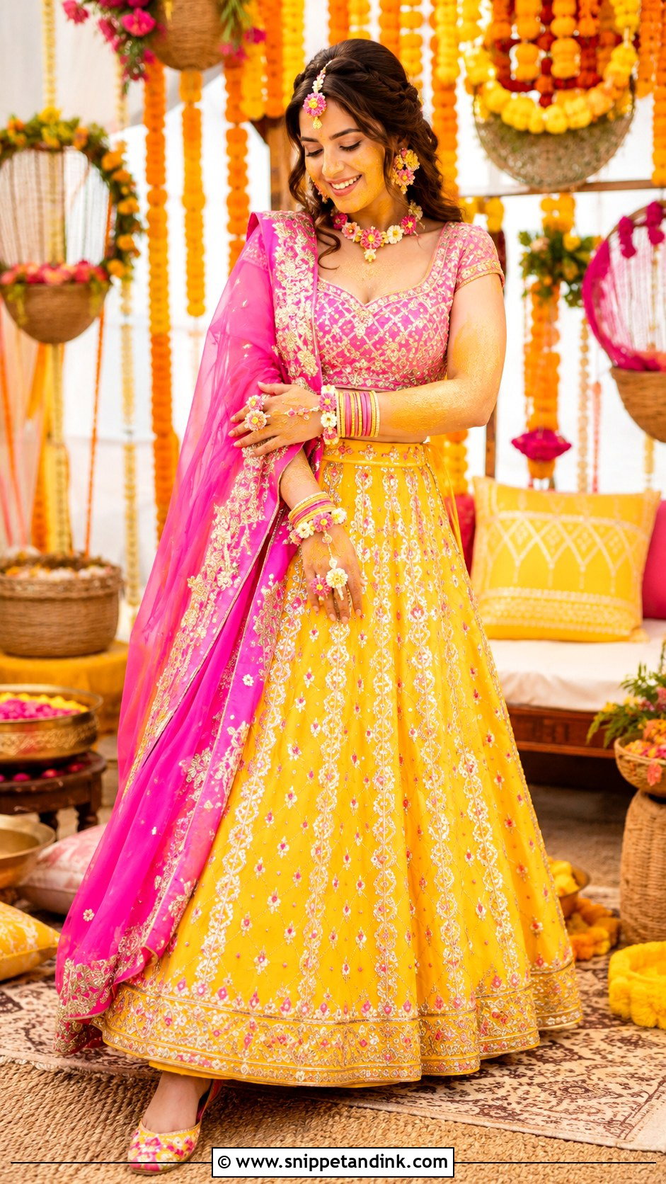 Yellow And Pink Haldi Dress for Bride - Snippet and Ink - 25 Indian Haldi Dress for Bride Ideas