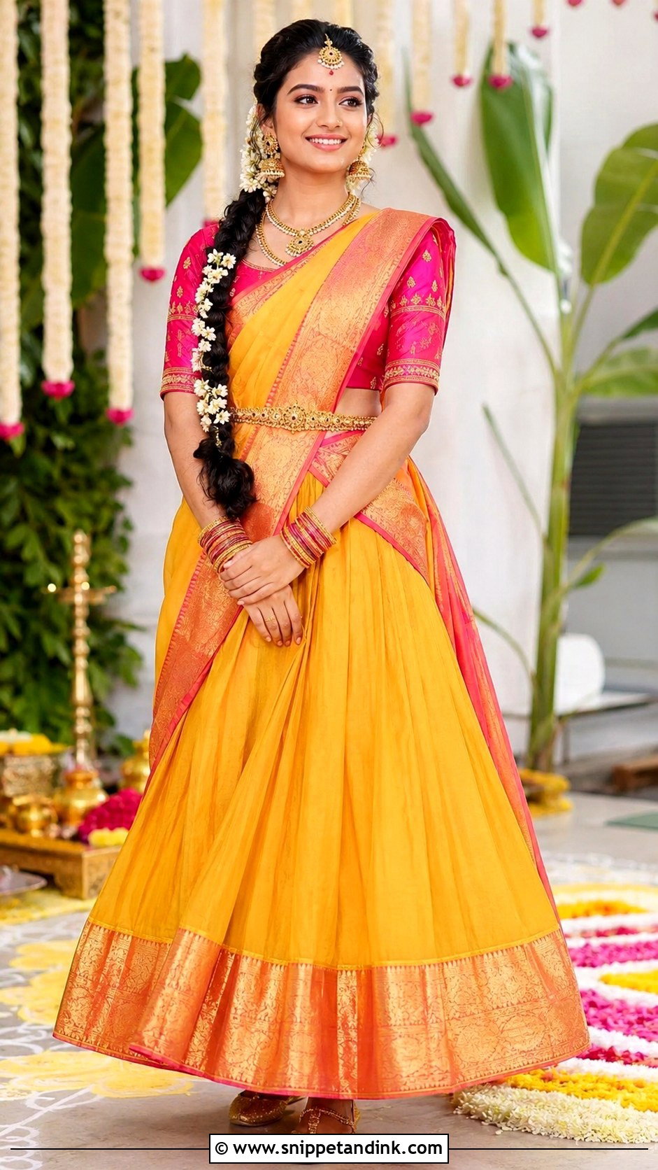 Yellow And Pink Half Saree Grahshanti Outfit - Snippet and Ink - 20 Grahshanti Outfit for Bridal Ideas
