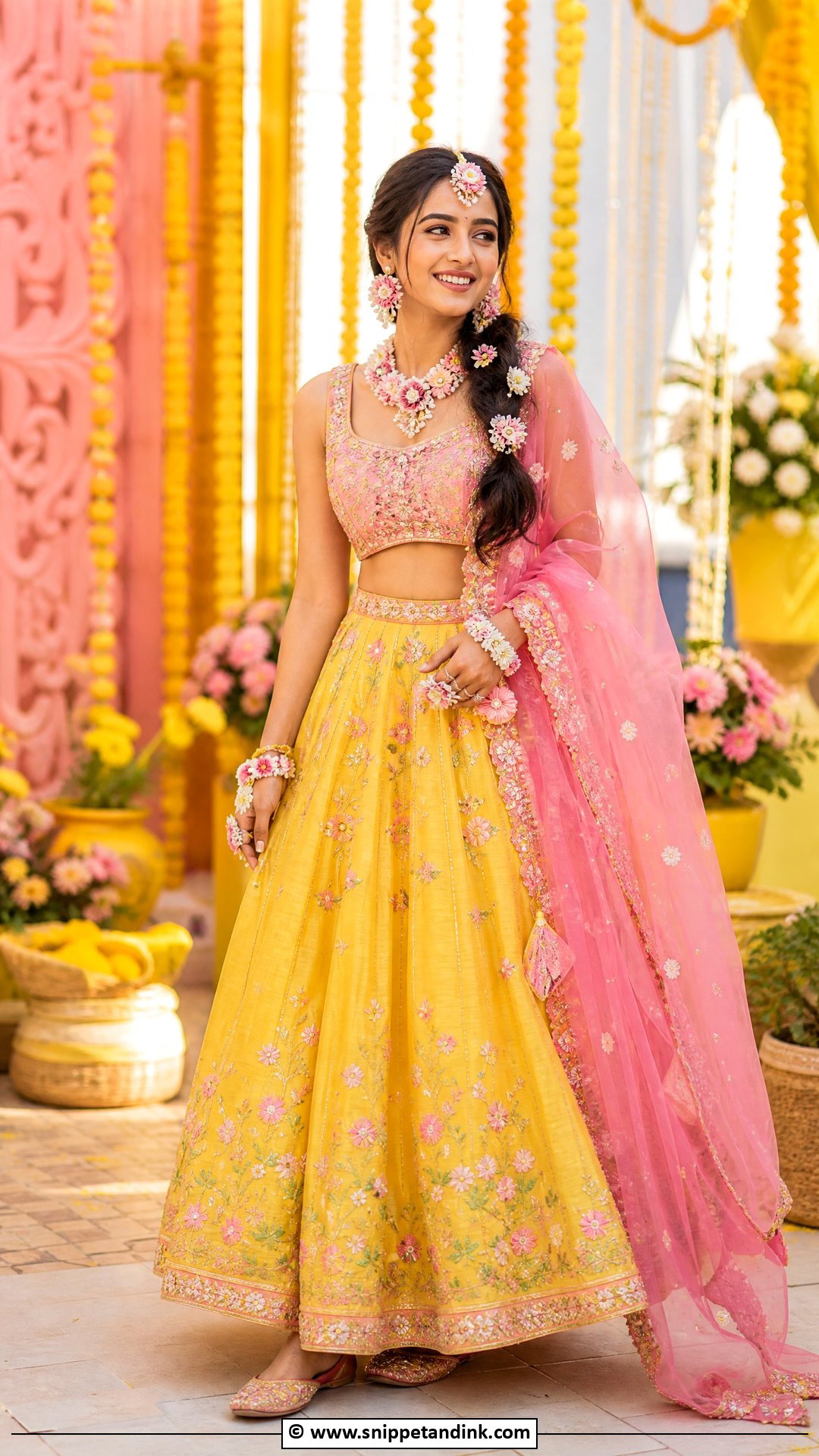 Yellow And Pink Lehenga For Haldi Bride - Snippet and Ink - 35 Haldi Outfit for Bride Ideas