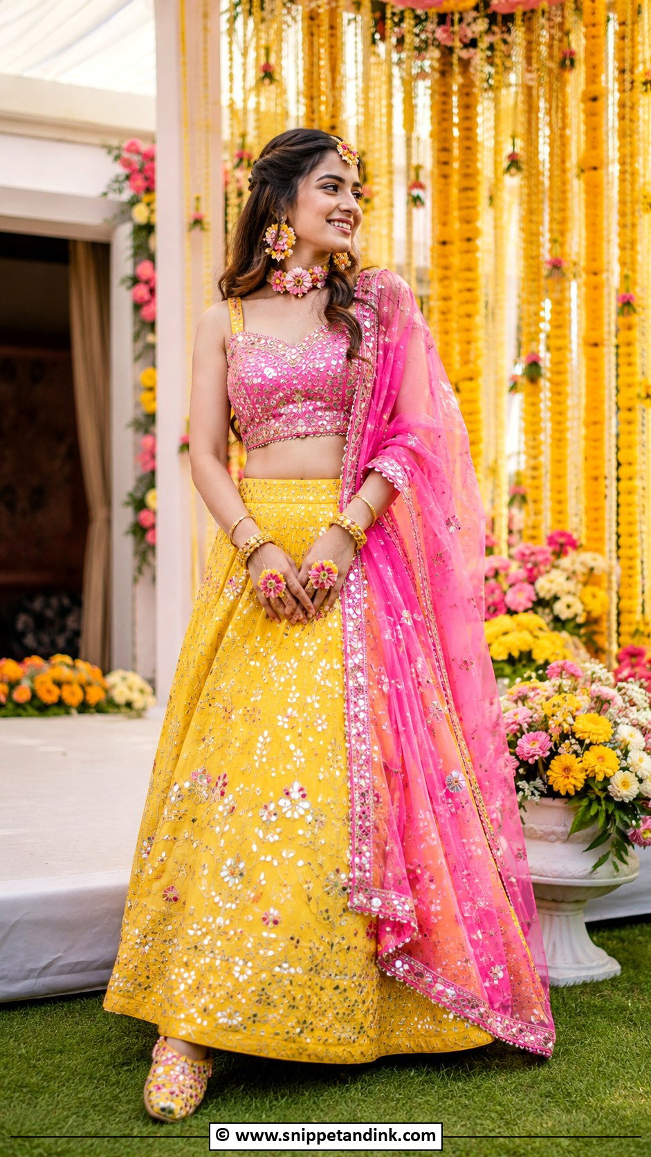 Yellow And Pink Lehenga For Haldi Bride - Snippet and Ink - 30 Haldi Bridal Outfit Ideas