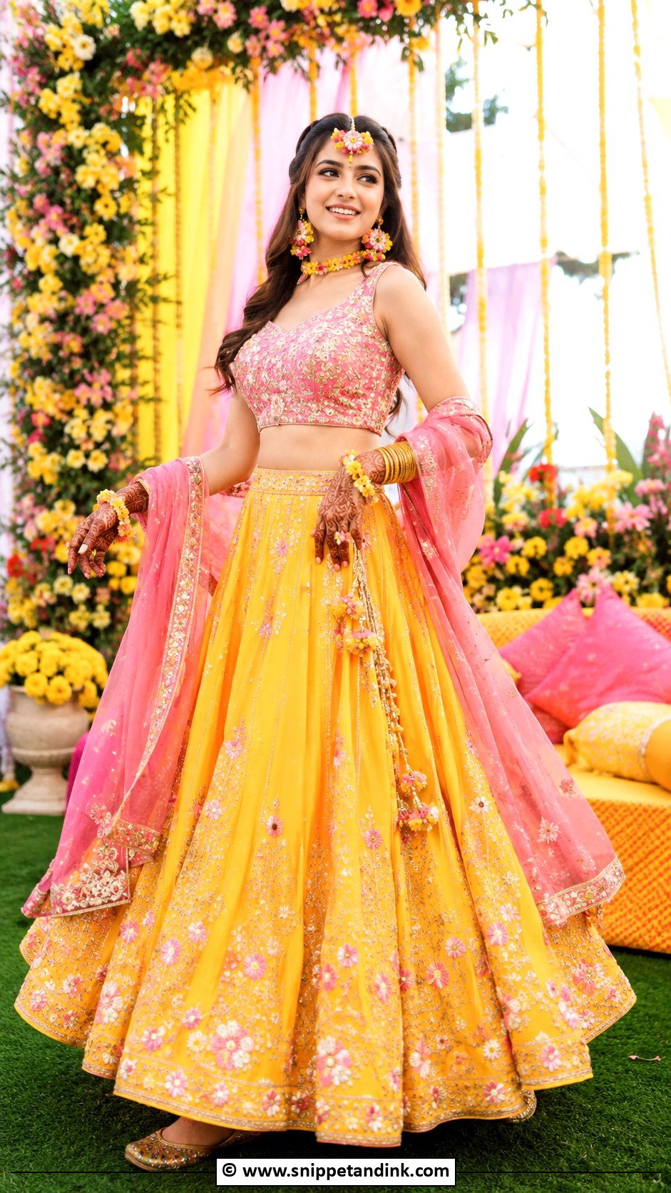 Yellow And Pink Lehenga Mehndi Outfit - Snippet and Ink - 30 Mehandi Dresses Mehndi Outfit