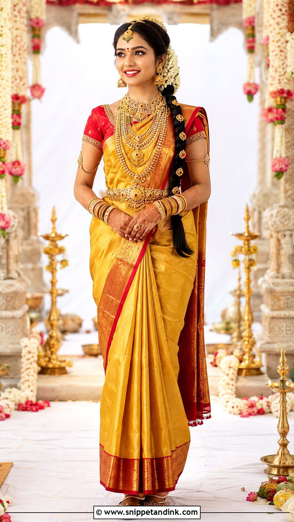 Yellow And Red Telugu Brahmin Bridal Look - Snippet and Ink - 20 Brahmin Wedding Brides Ideas