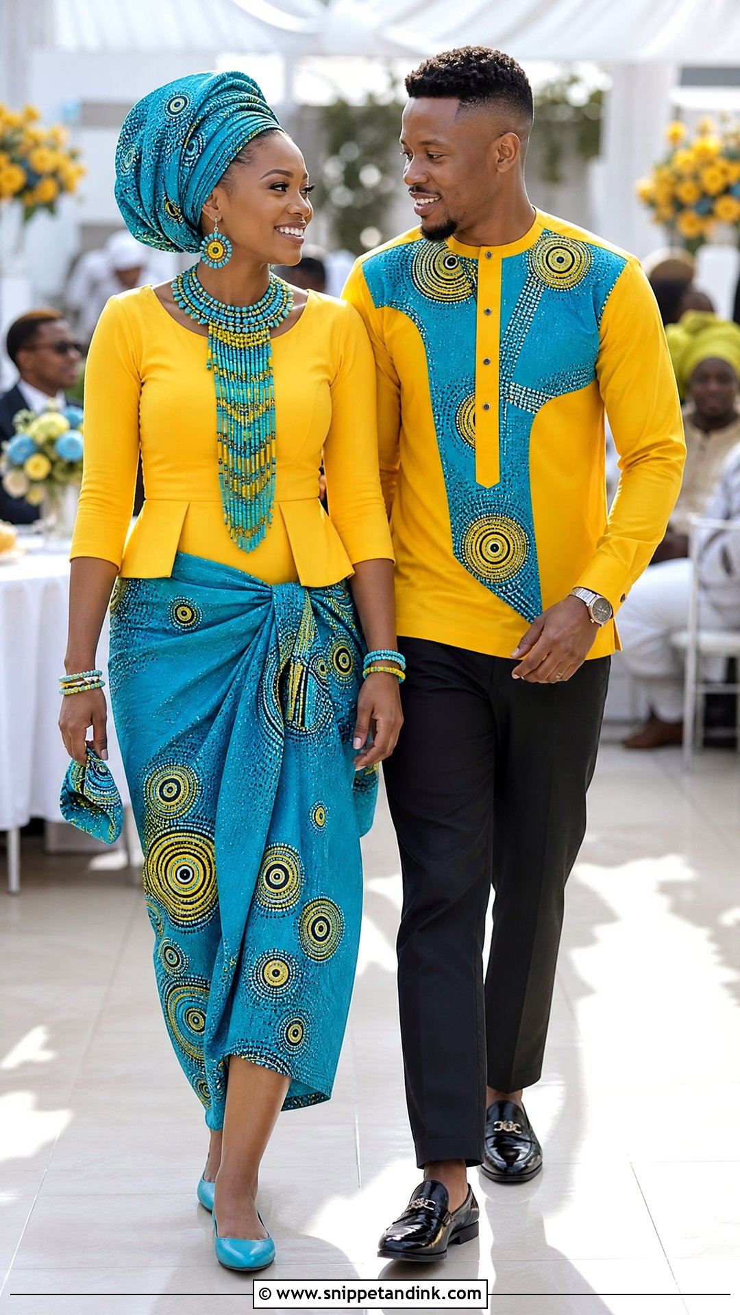 Yellow And Turquoise Tsonga Couple Attire - Snippet and Ink - 20 Tsonga Traditional Attire for Couples Ideas