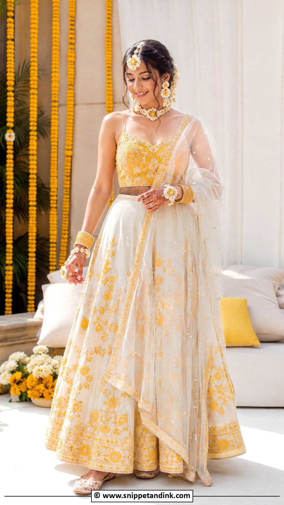 Yellow And White Lehenga For Haldi Bride - Snippet and Ink - 30 Haldi Bridal Outfit Ideas