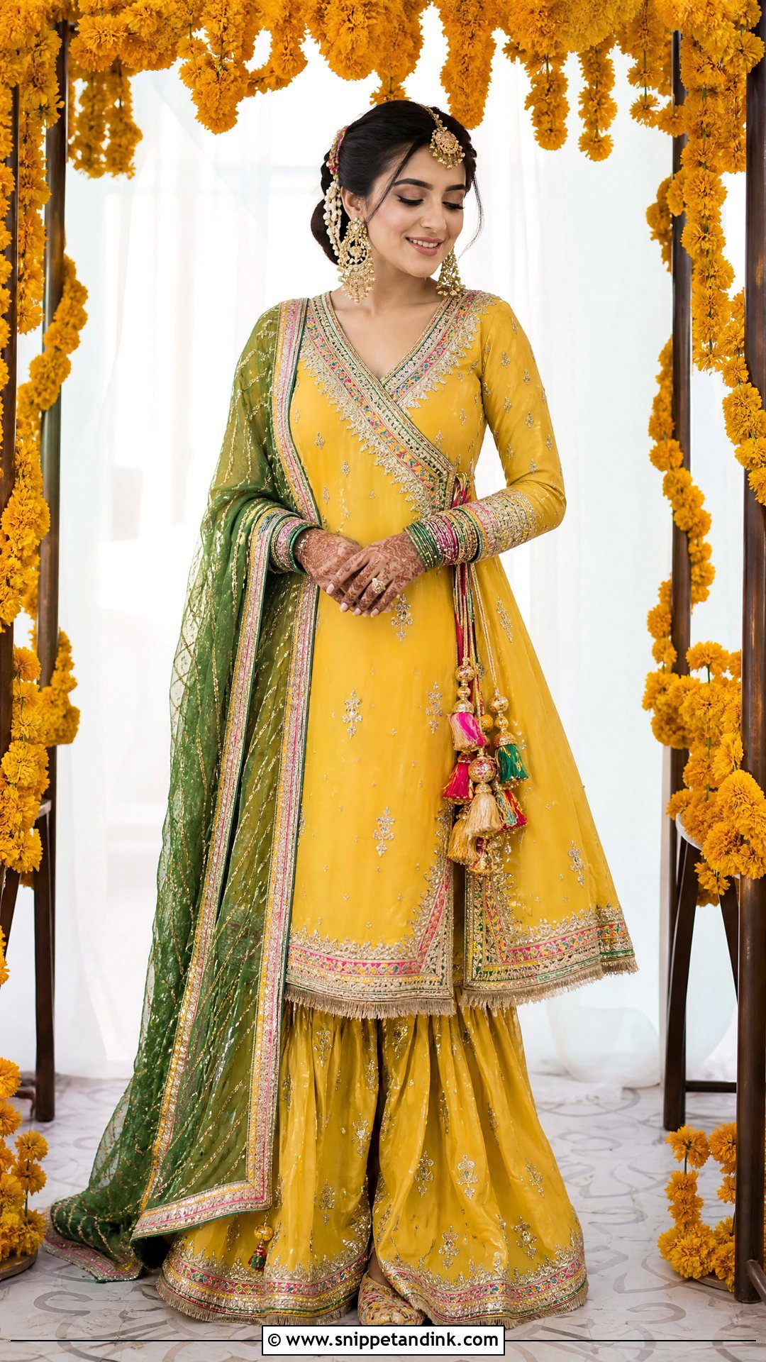 Yellow Angrakha Mehndi Bridal Dress - Snippet and Ink - 20 Pakistani Mehndi Bridal Wear Ideas