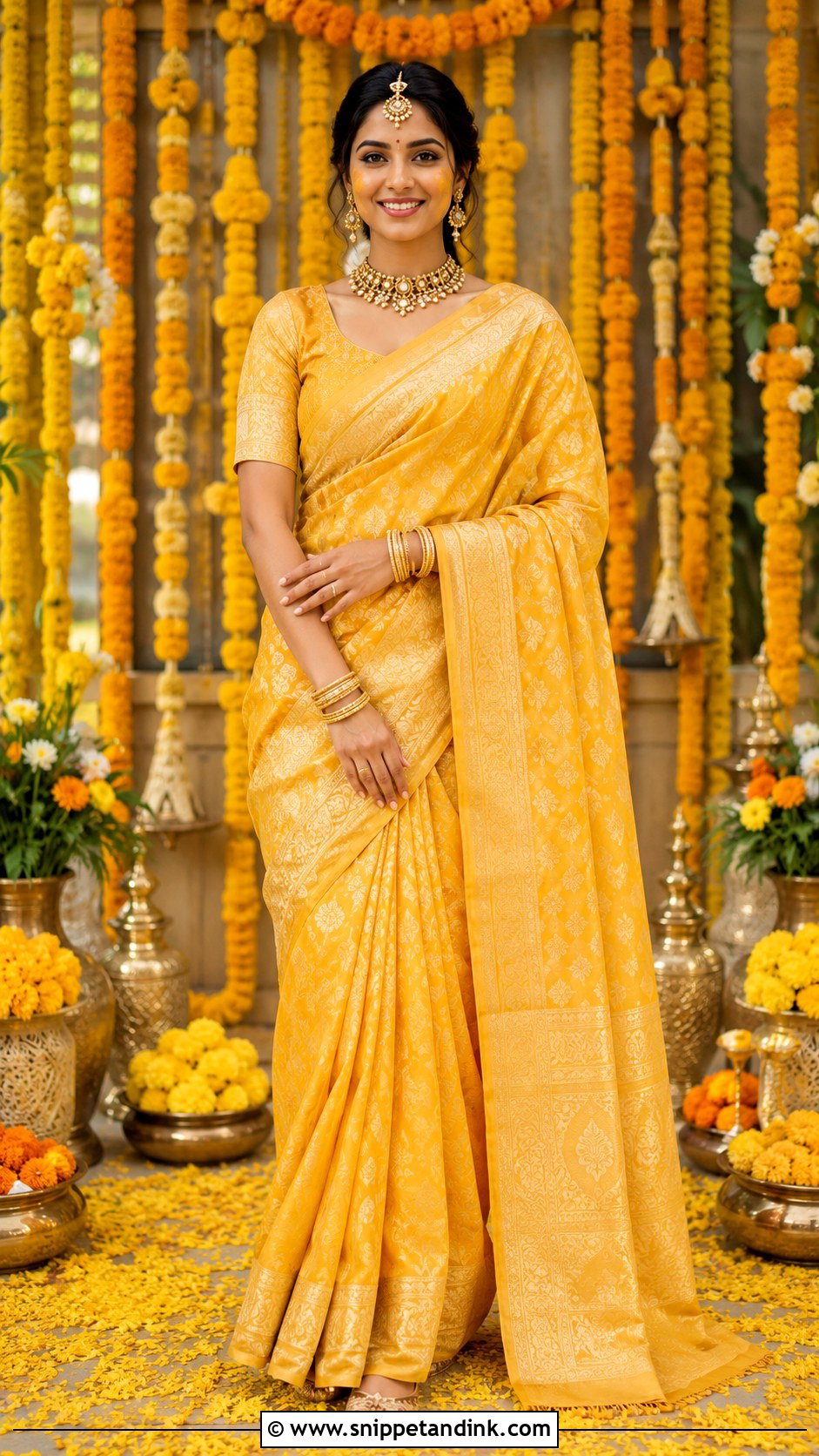 Yellow Banarasi Haldi Dress for Bride - Snippet and Ink - 25 Indian Haldi Dress for Bride Ideas