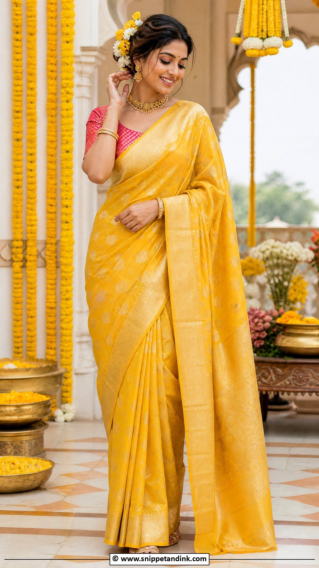Yellow Banarasi Saree For Haldi Bride - Snippet and Ink - 35 Haldi Outfit for Bride Ideas