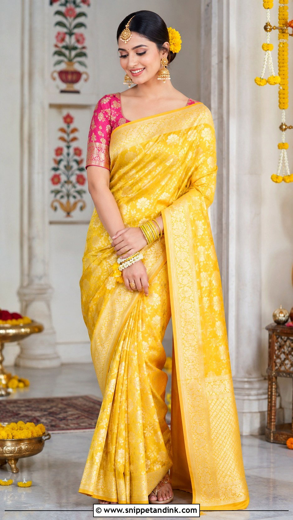 Yellow Banarasi Saree Haldi Outfit - Snippet and Ink - 20 Haldi Clothes for Bride Ideas