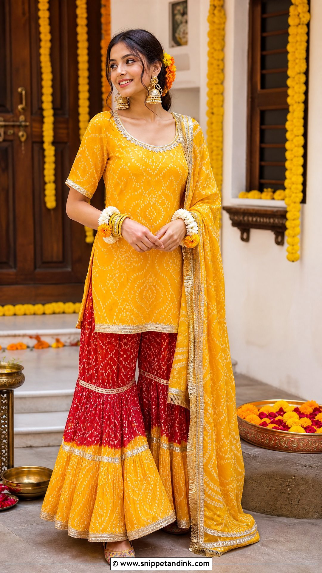 Yellow Bandhani Gharara Haldi Outfit - Snippet and Ink - 20 Unique Haldi Outfit for Bride Ideas