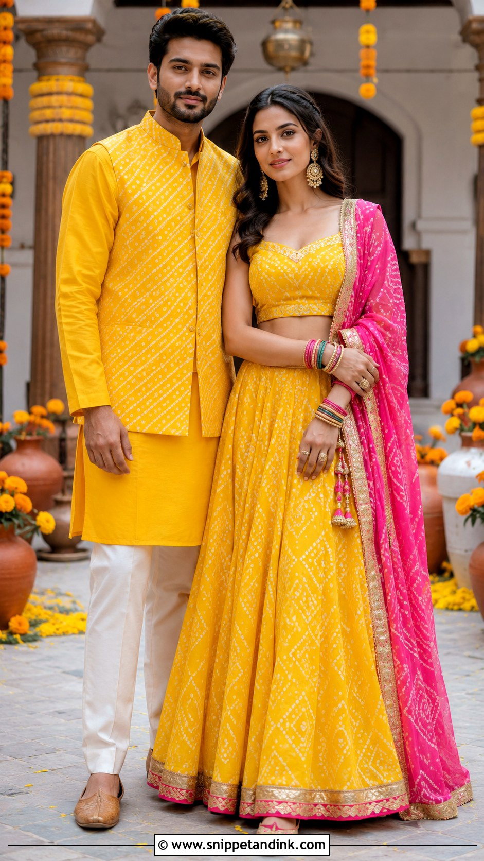 Yellow Bandhani Haldi Outfits For Couple - Snippet and Ink - 20 Haldi Outfits for Couple