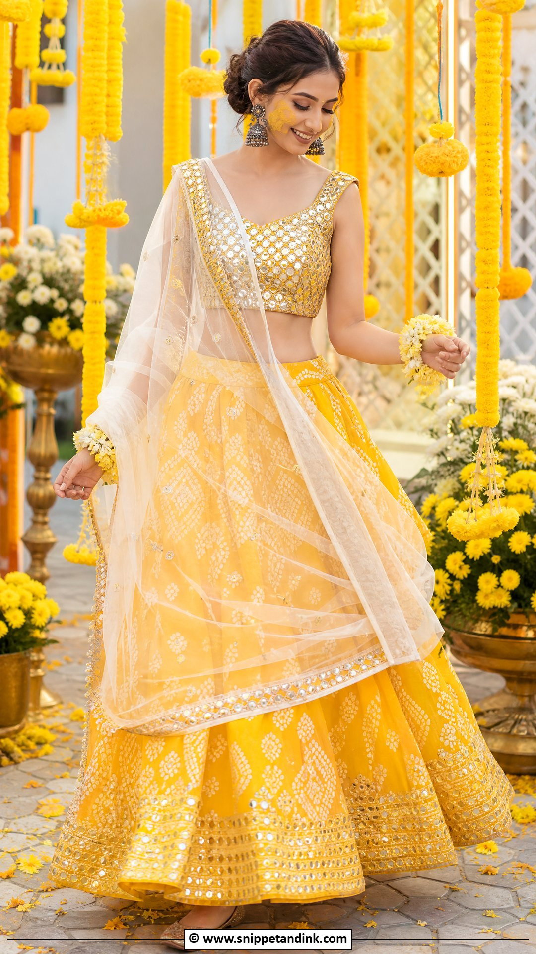 Yellow Bandhani Lehenga For Haldi Ceremony - Snippet and Ink - 35 Haldi Ceremony Outfit for Bride Ideas
