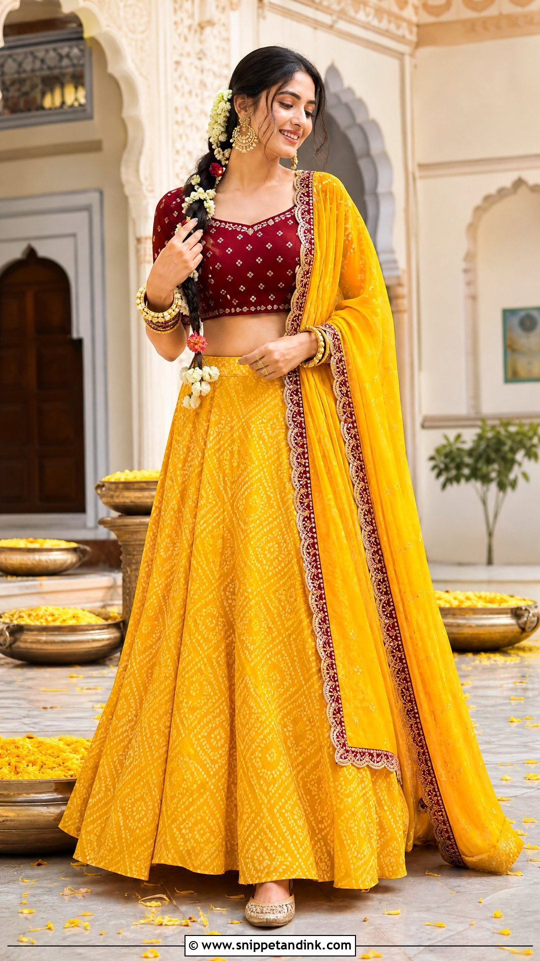 Yellow Bandhani Lehenga With Maroon Blouse - Snippet and Ink - 20 Yellow Contrast Color Dress for Haldi Ideas