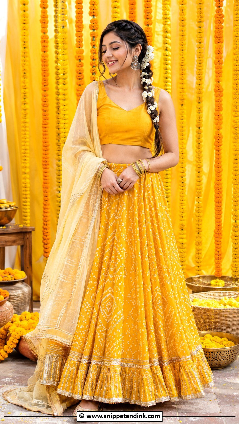 Yellow Bandhani Lehenga for Haldi - Snippet and Ink - 30 Haldi Dress Ideas for Sisters