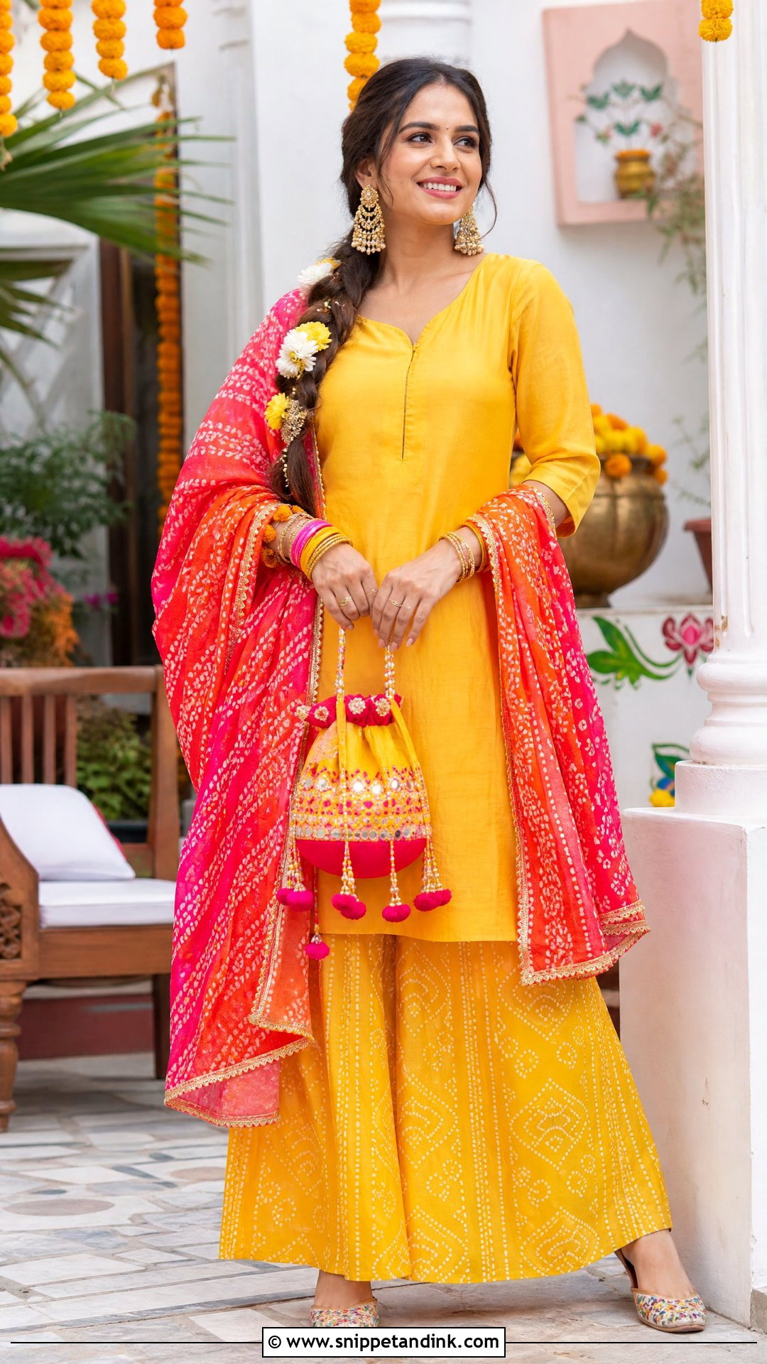 Yellow Bandhani Palazzo Suit for Haldi - Snippet and Ink - 20 Yellow Plazo Suit for Haldi Ideas