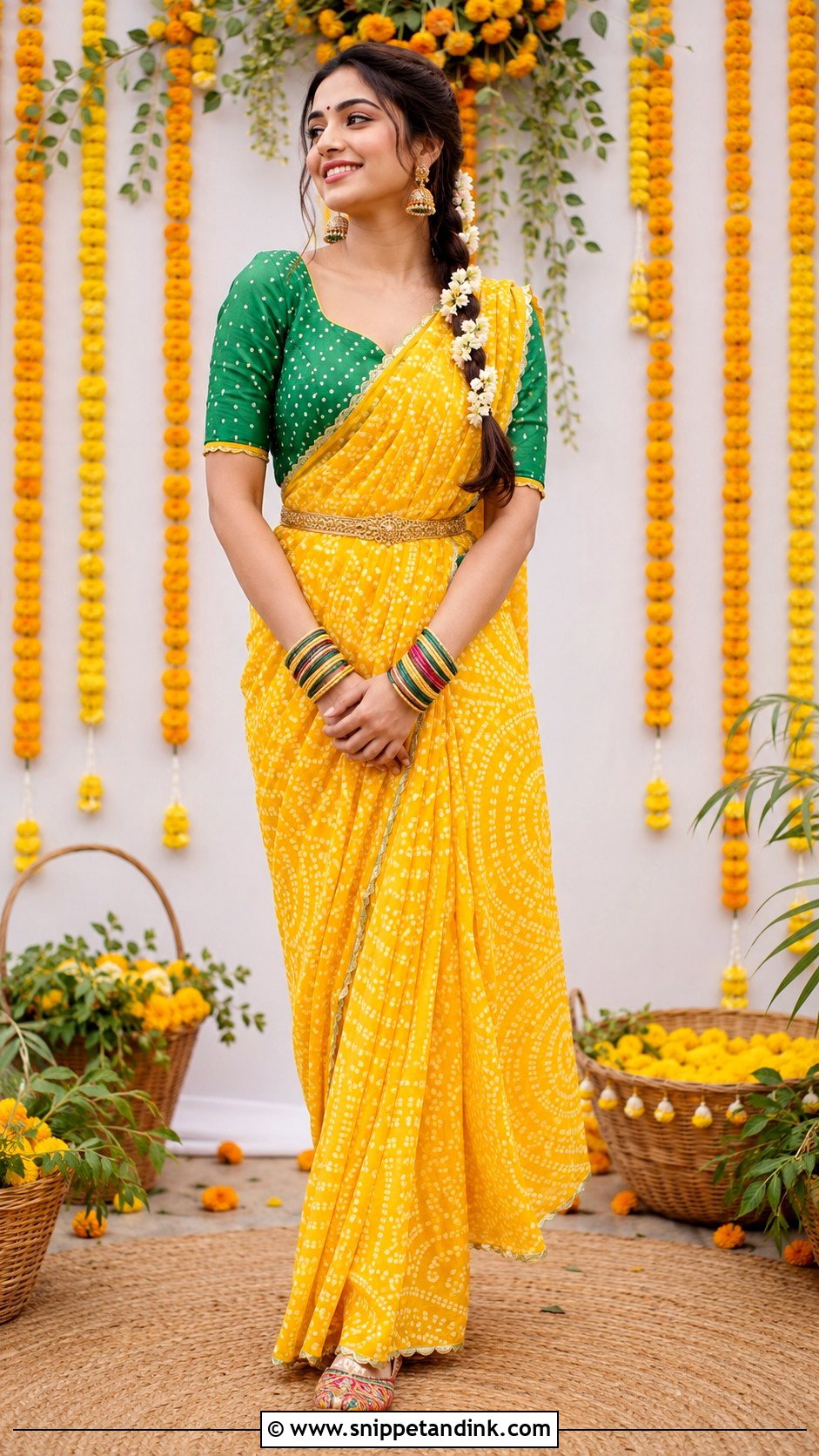 Yellow Bandhani Saree For Haldi - Snippet and Ink - 20 Haldi Night Outfit Ideas