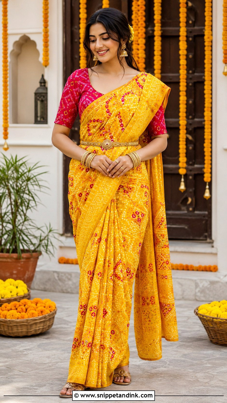 Yellow Bandhani Saree Haldi Dress - Snippet and Ink - 20 Indian Haldi Ceremony Dresses