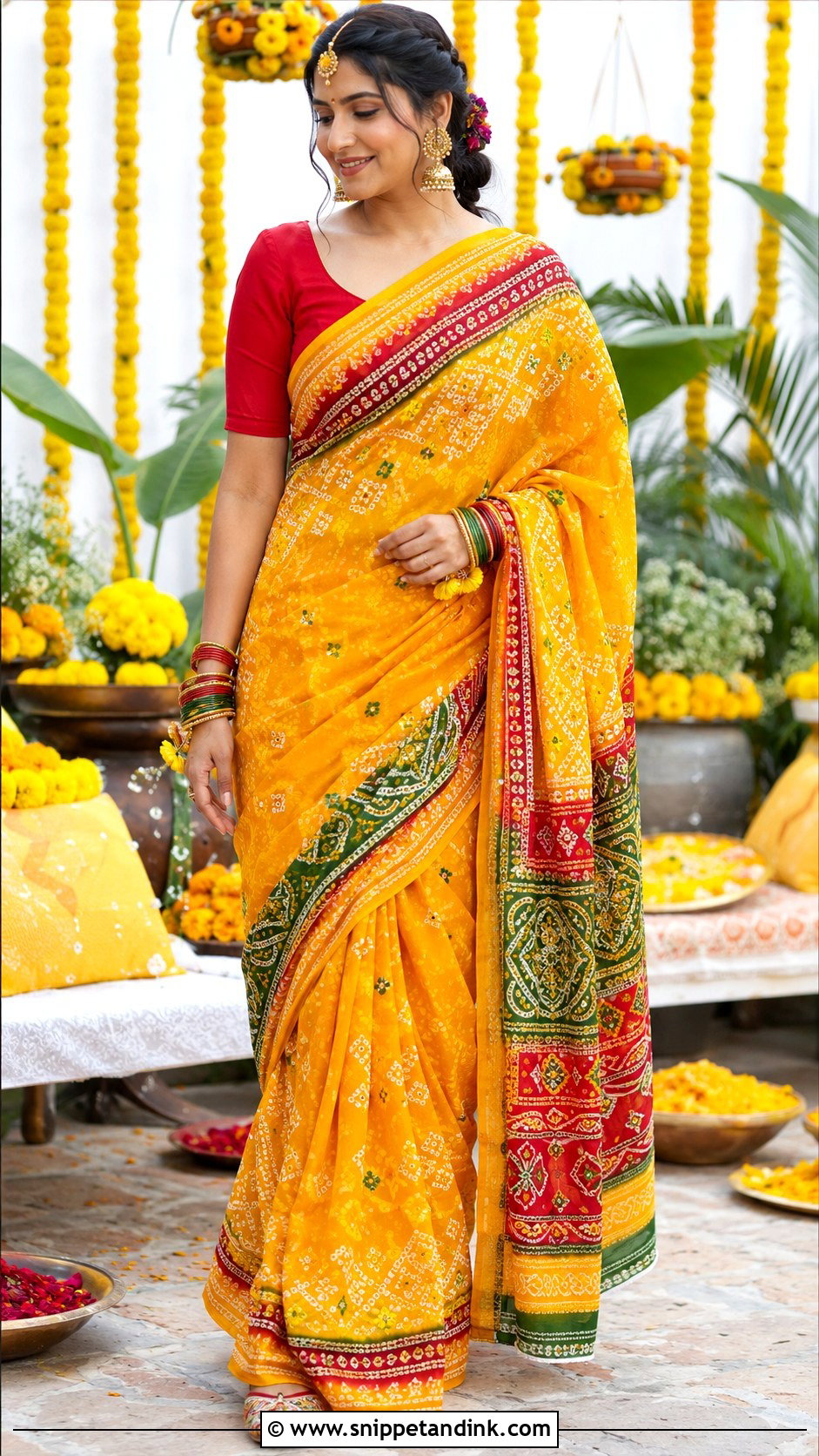 Yellow Bandhani Saree Haldi Outfit for Mom - Snippet and Ink - 20 Haldi Outfit for Mom Ideas