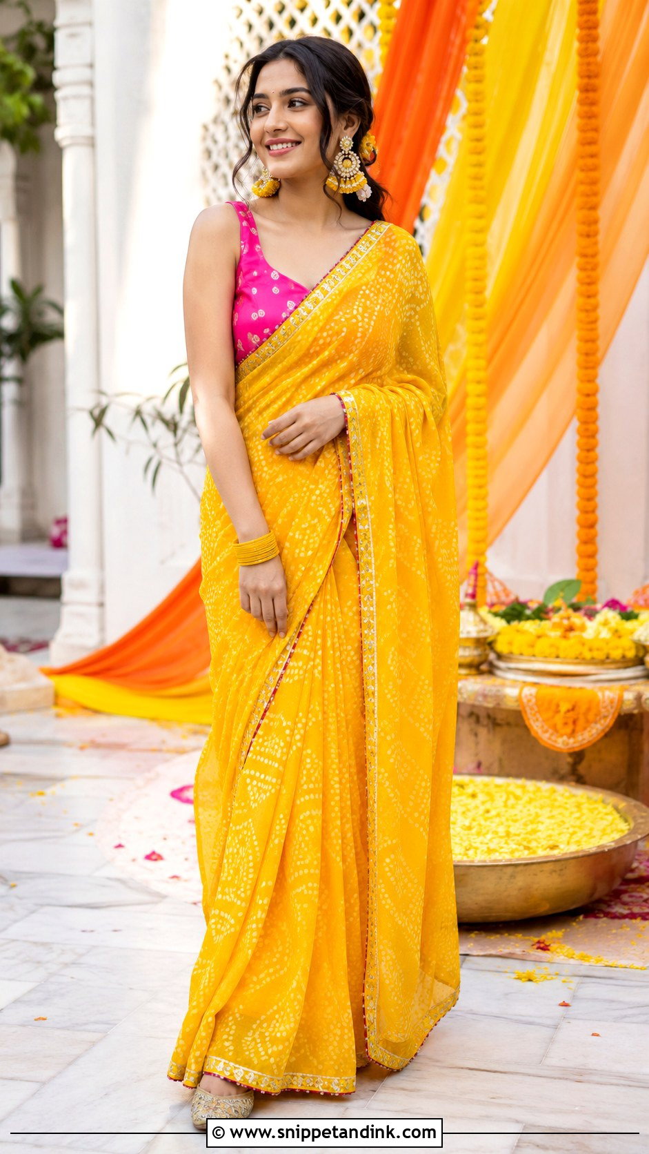 Yellow Bandhani Saree Haldi Outfit - Snippet and Ink - 25 Outfit for Haldi Function Ideas