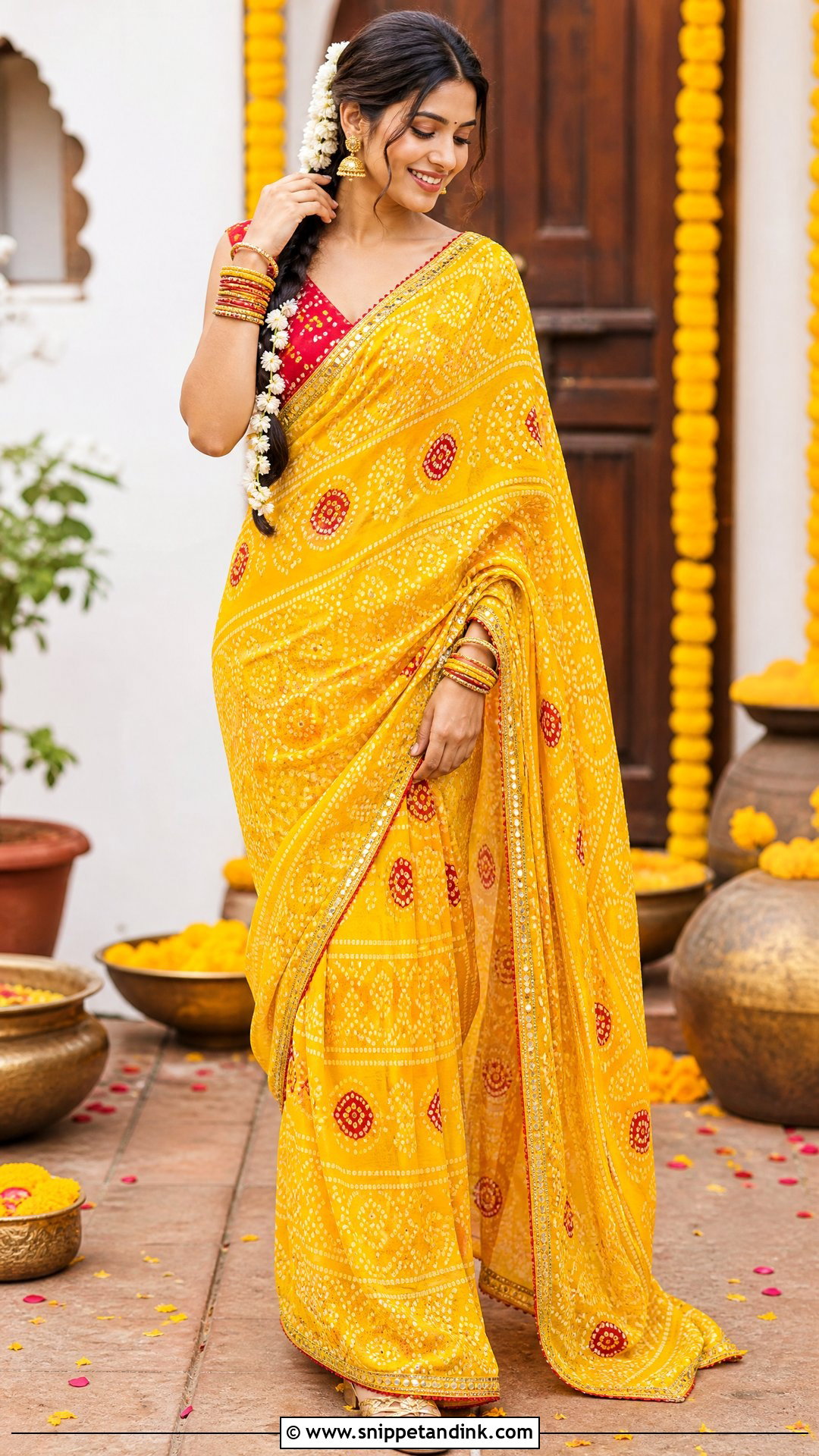 Yellow Bandhani Saree for Haldi - Snippet and Ink - 20 Yellow Colour Dress for Haldi Ideas